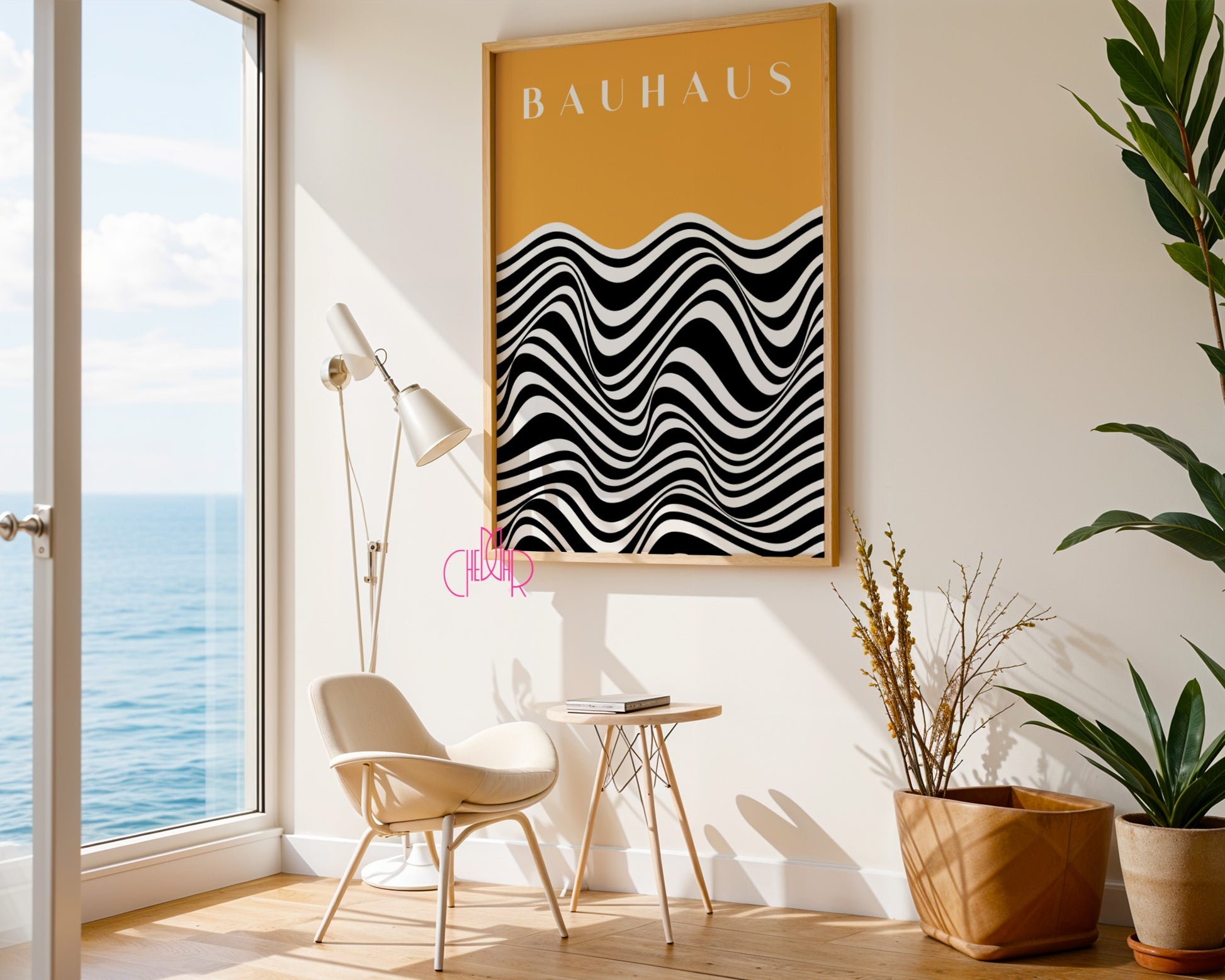 Bauhaus poster - black and white wavy lines on an orange background, vintage, retro