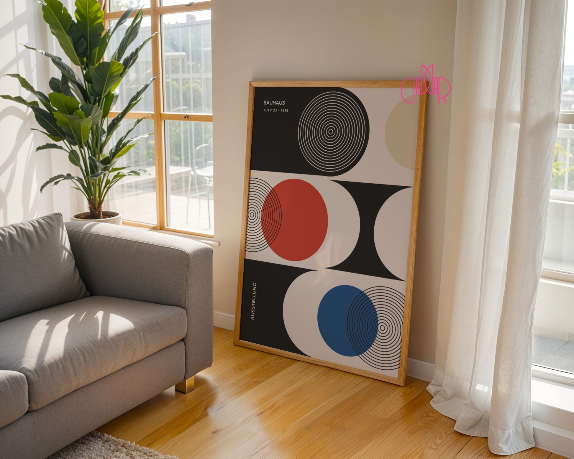 Bauhaus Poster – Red and Blue Circles on a Black and White Background