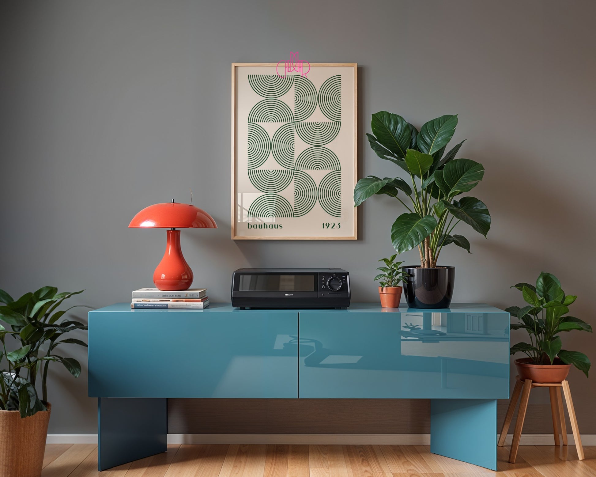 Bauhaus Poster – Green Semicircles on a Beige Background