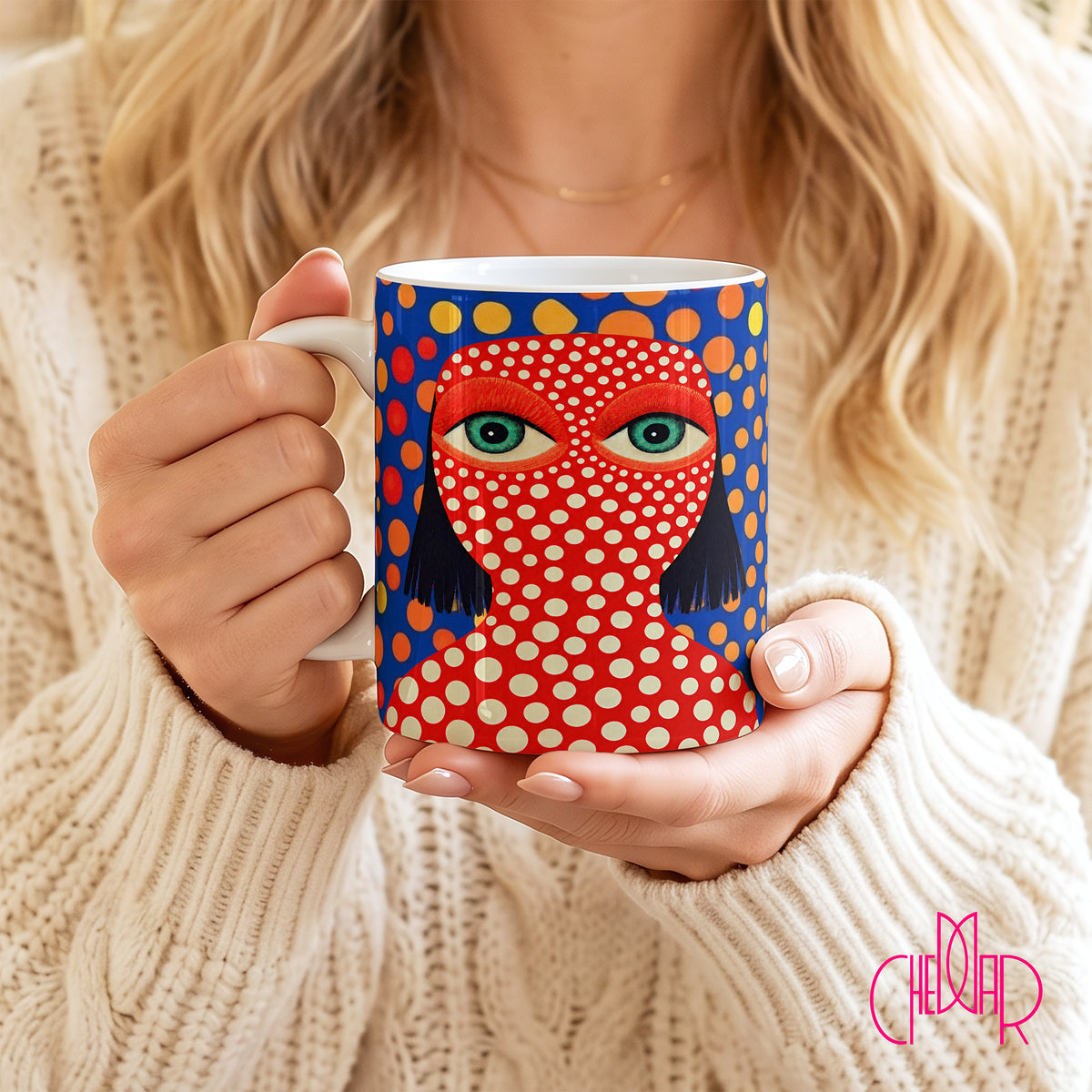 Yayoi Kusama Red Portrait Dots - Ceramic Mug | CheddarArt