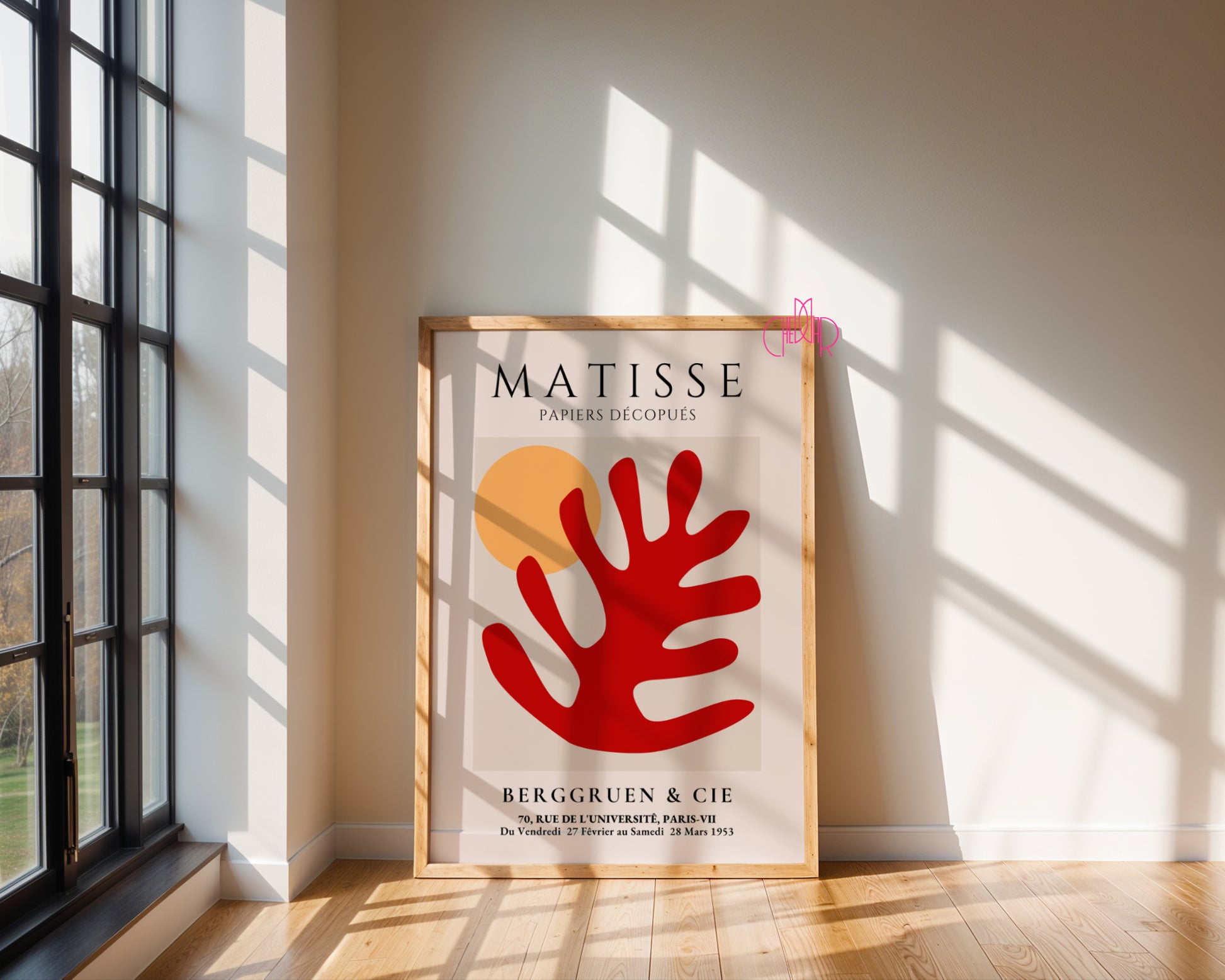 Bauhaus poster red "Eyes of the Prophet" on a navy blue background, modernism