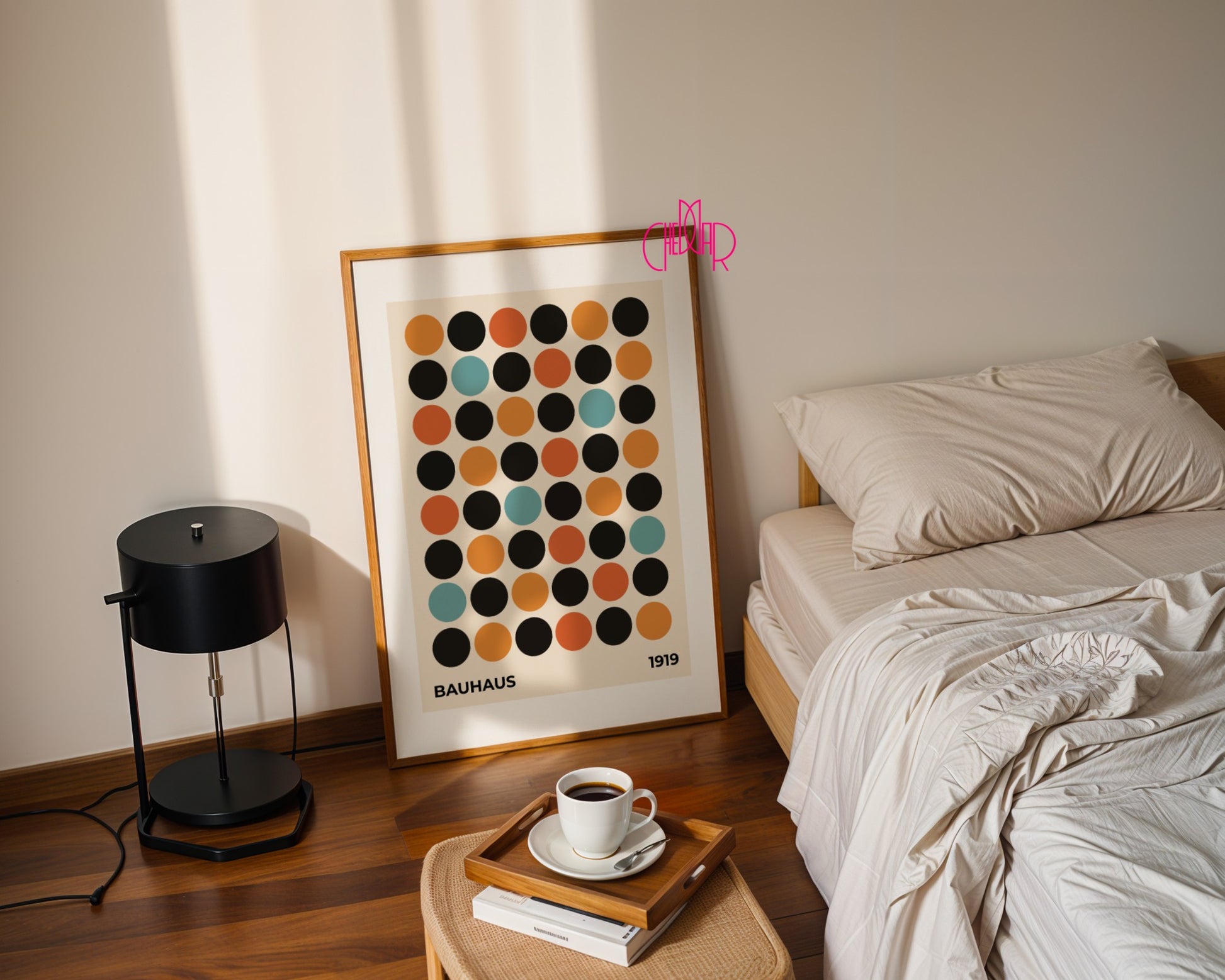 Bauhaus poster, 1919 exhibition, colorful dots on a beige background