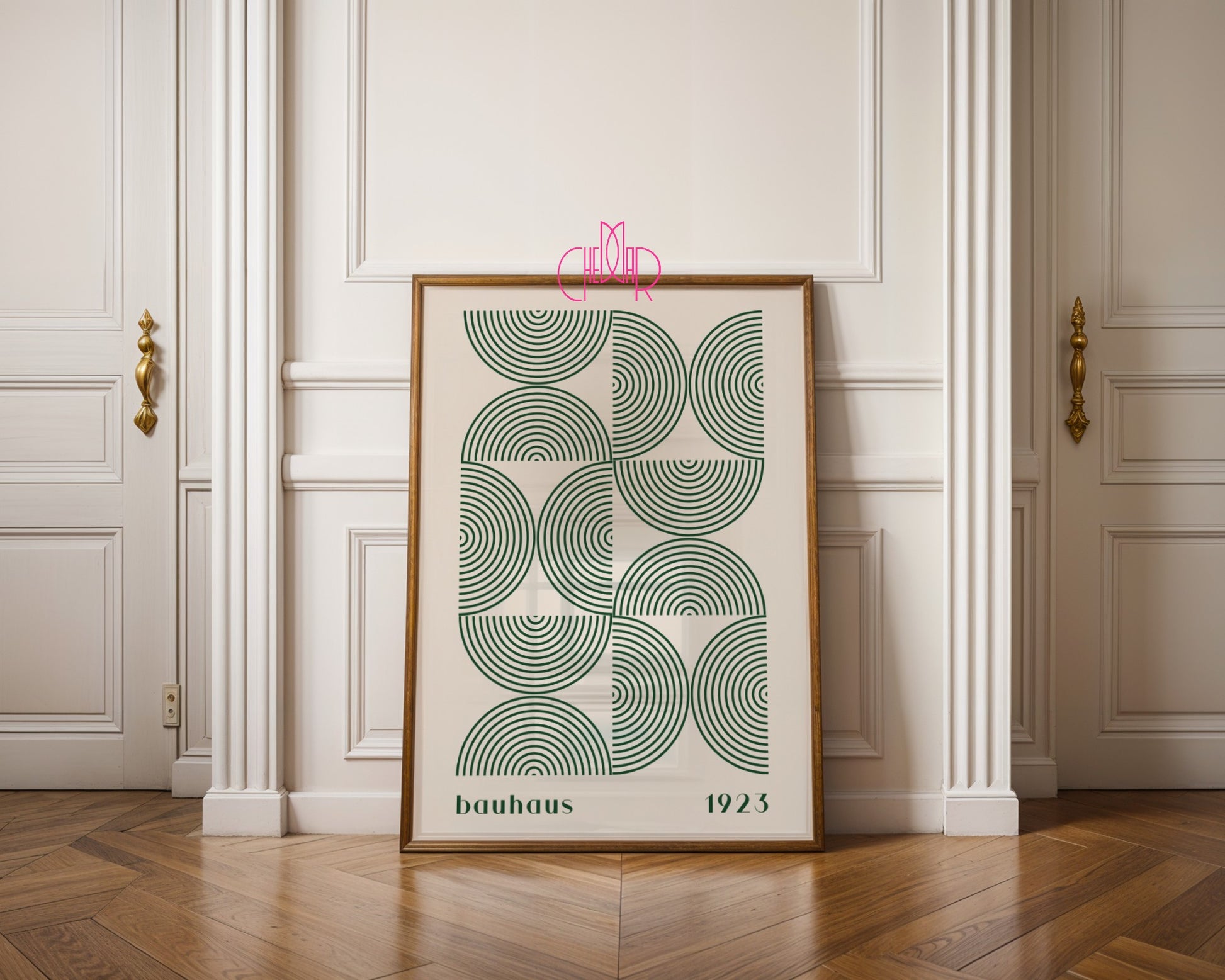 Bauhaus Poster – Green Semicircles on a Beige Background