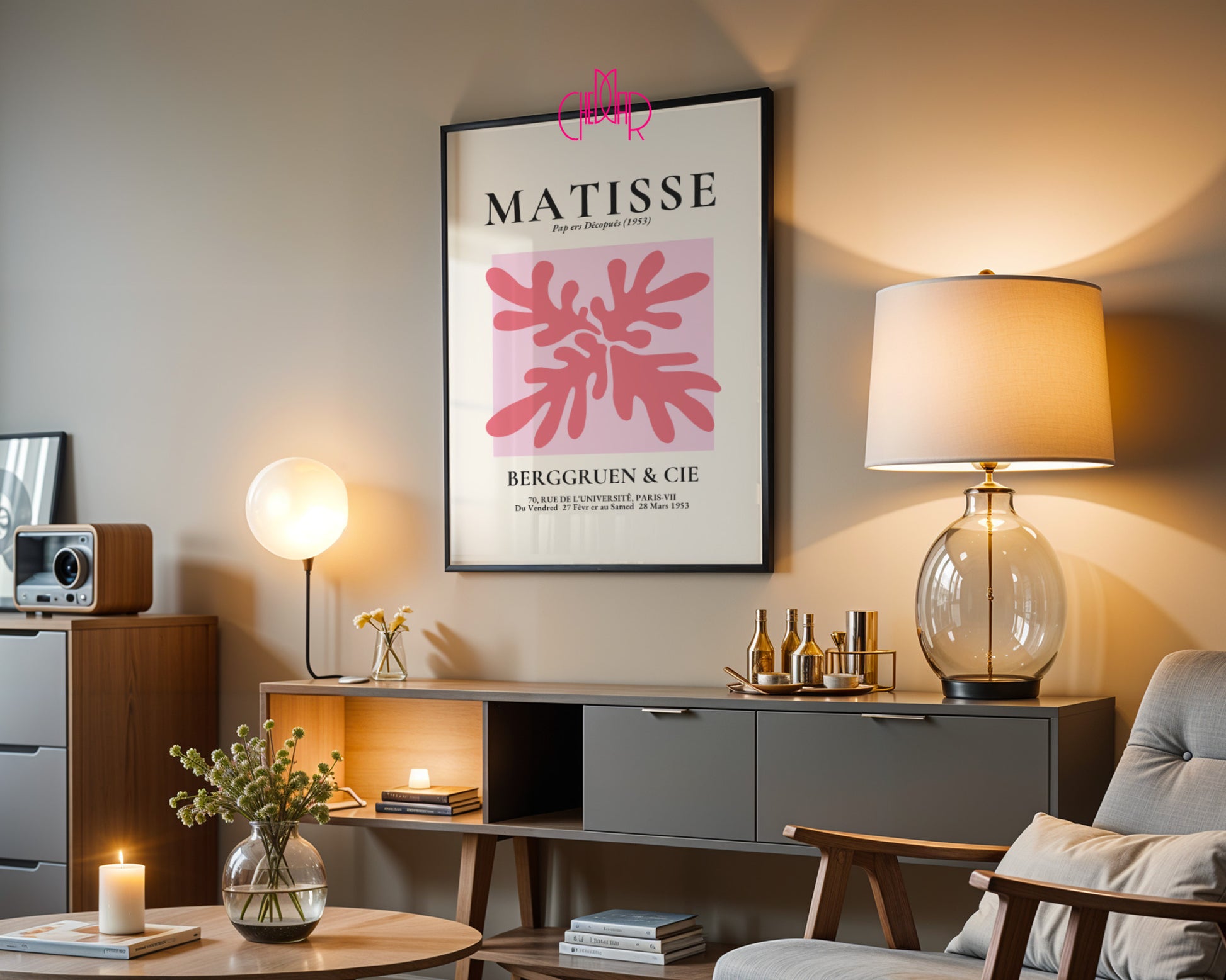 Bauhaus poster red "Eyes of the Prophet" on a navy blue background, modernism