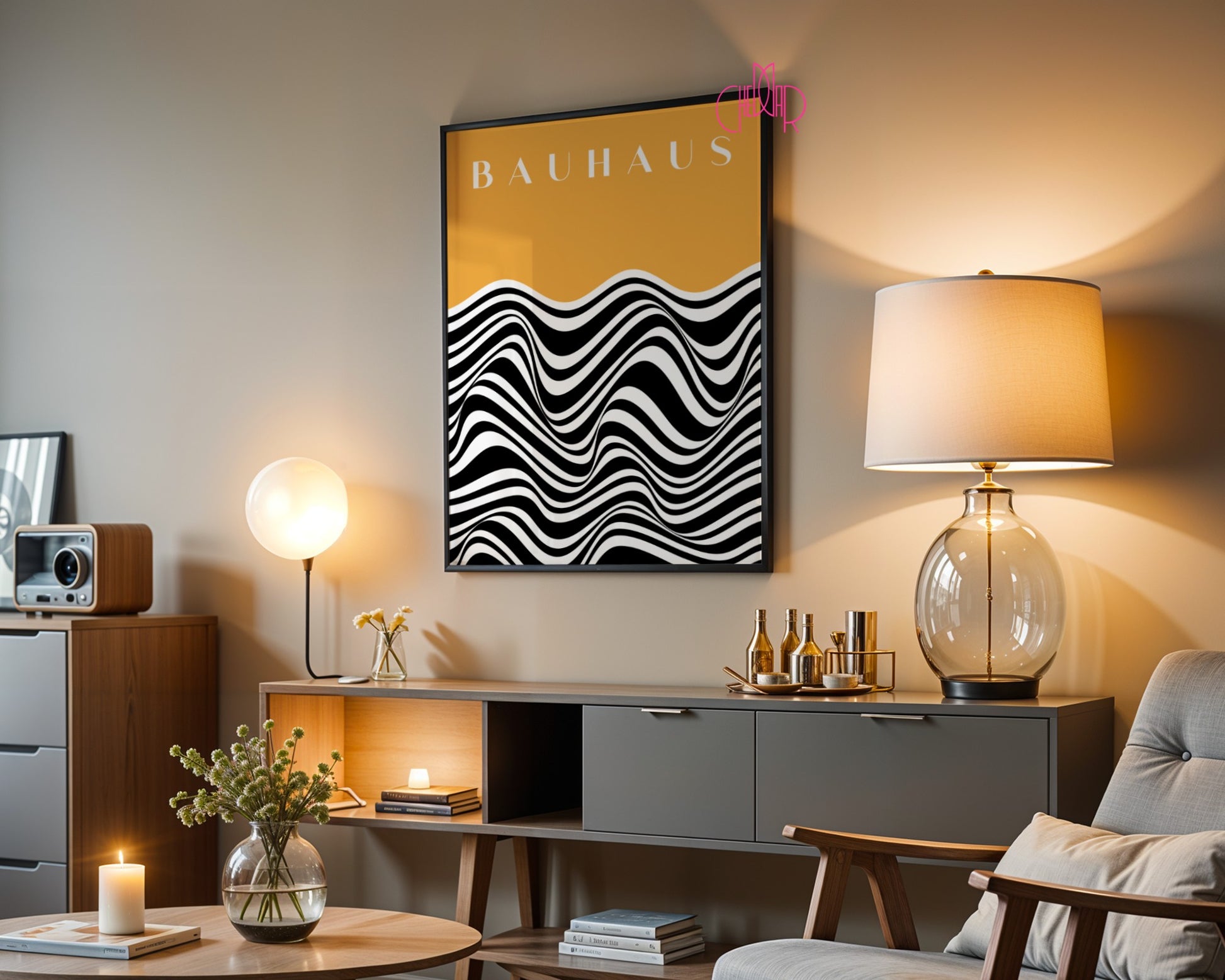 Bauhaus poster - black and white wavy lines on an orange background, vintage, retro