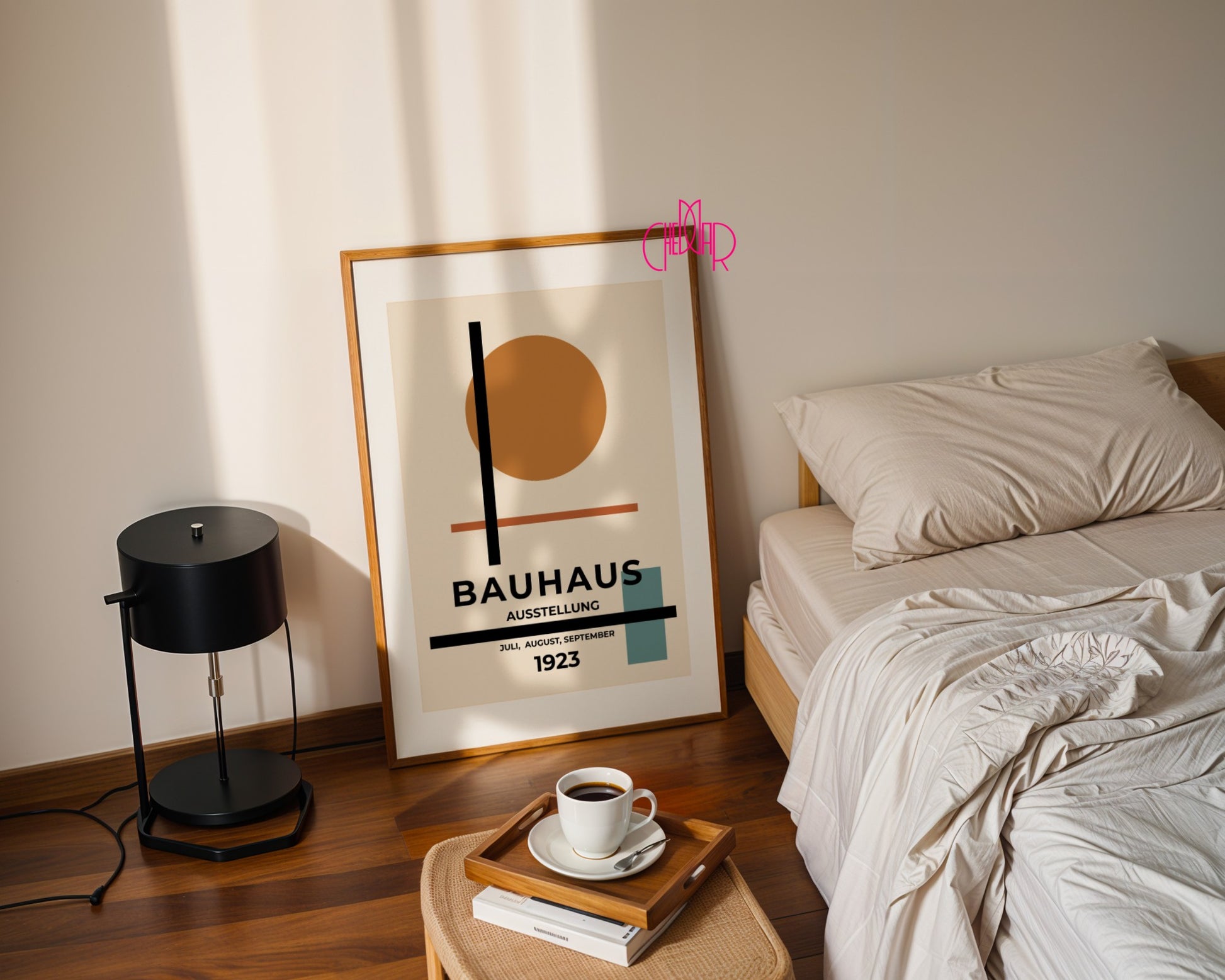 Bauhaus poster orange dot on beige background, modernism