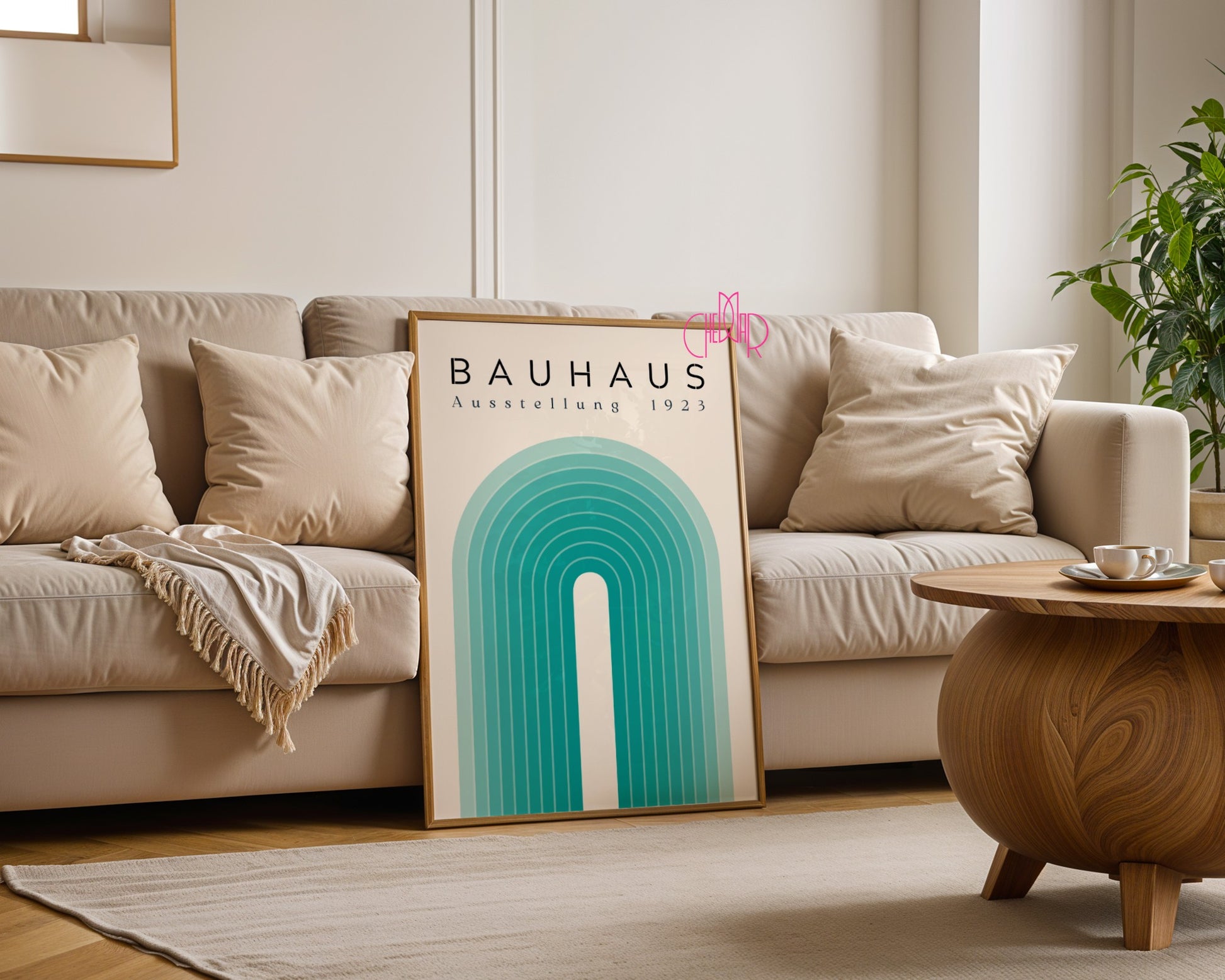 Bauhaus poster – Turquoise lines on a beige background, exhibition 1919