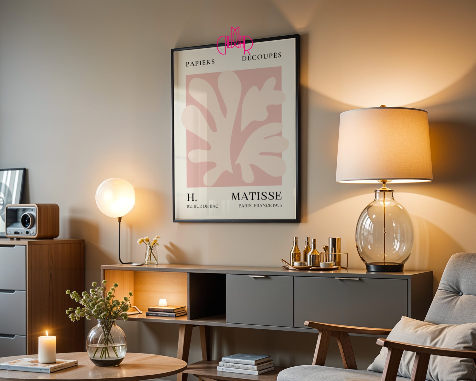 Bauhaus poster red "Eyes of the Prophet" on a navy blue background, modernism