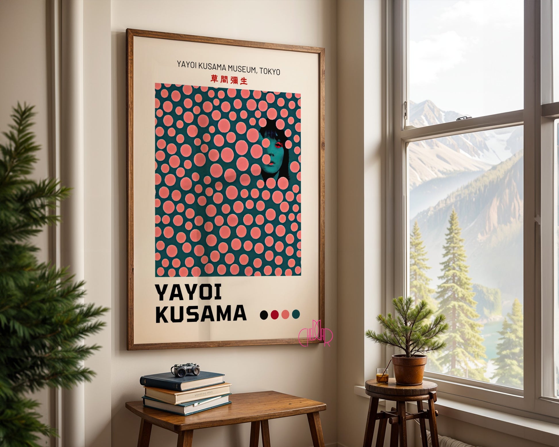 Yayoi Kusama poster, modernism, pink dots on green background, Tokyo