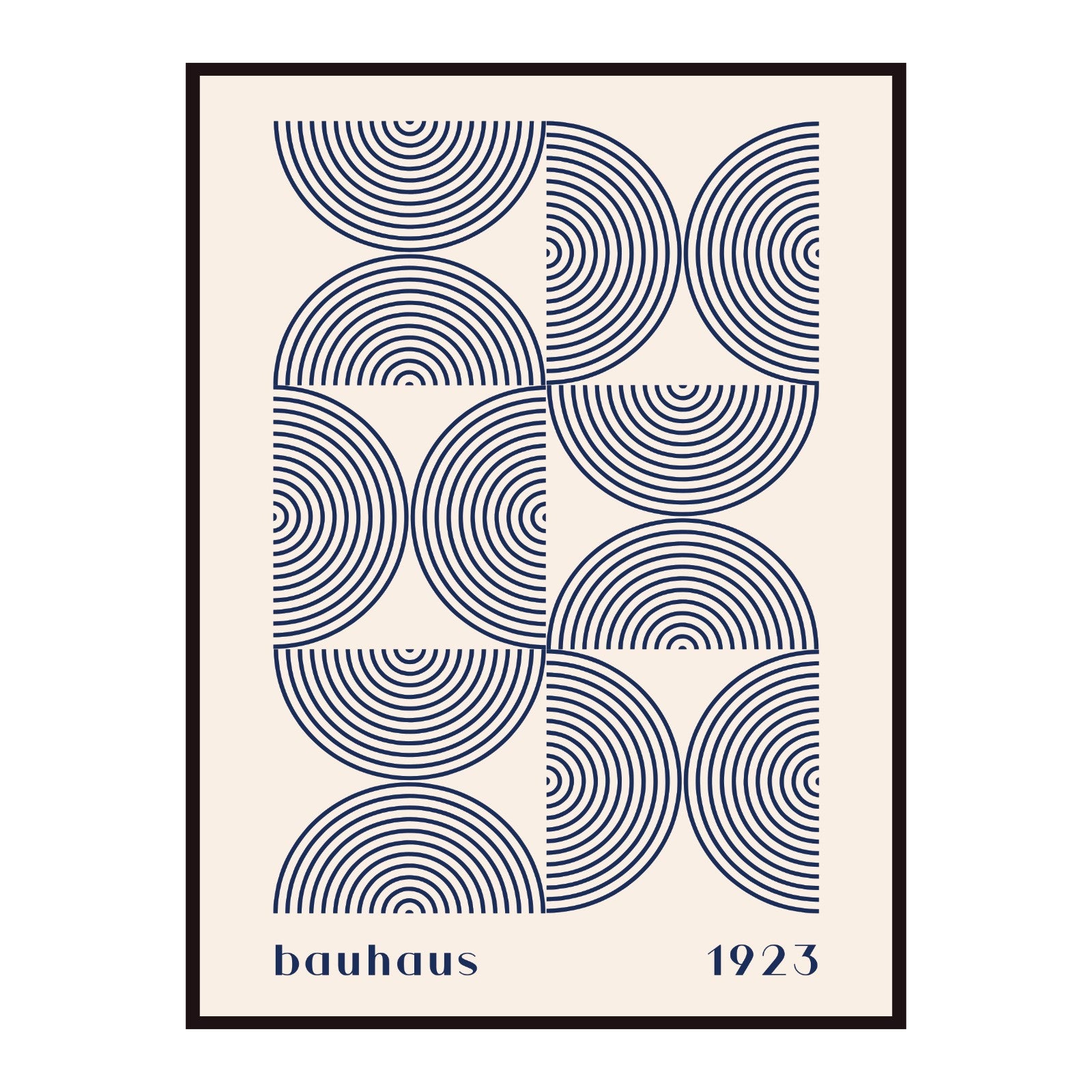 Bauhaus poster, navy blue semicircles on a beige background, contemporary art, modernism