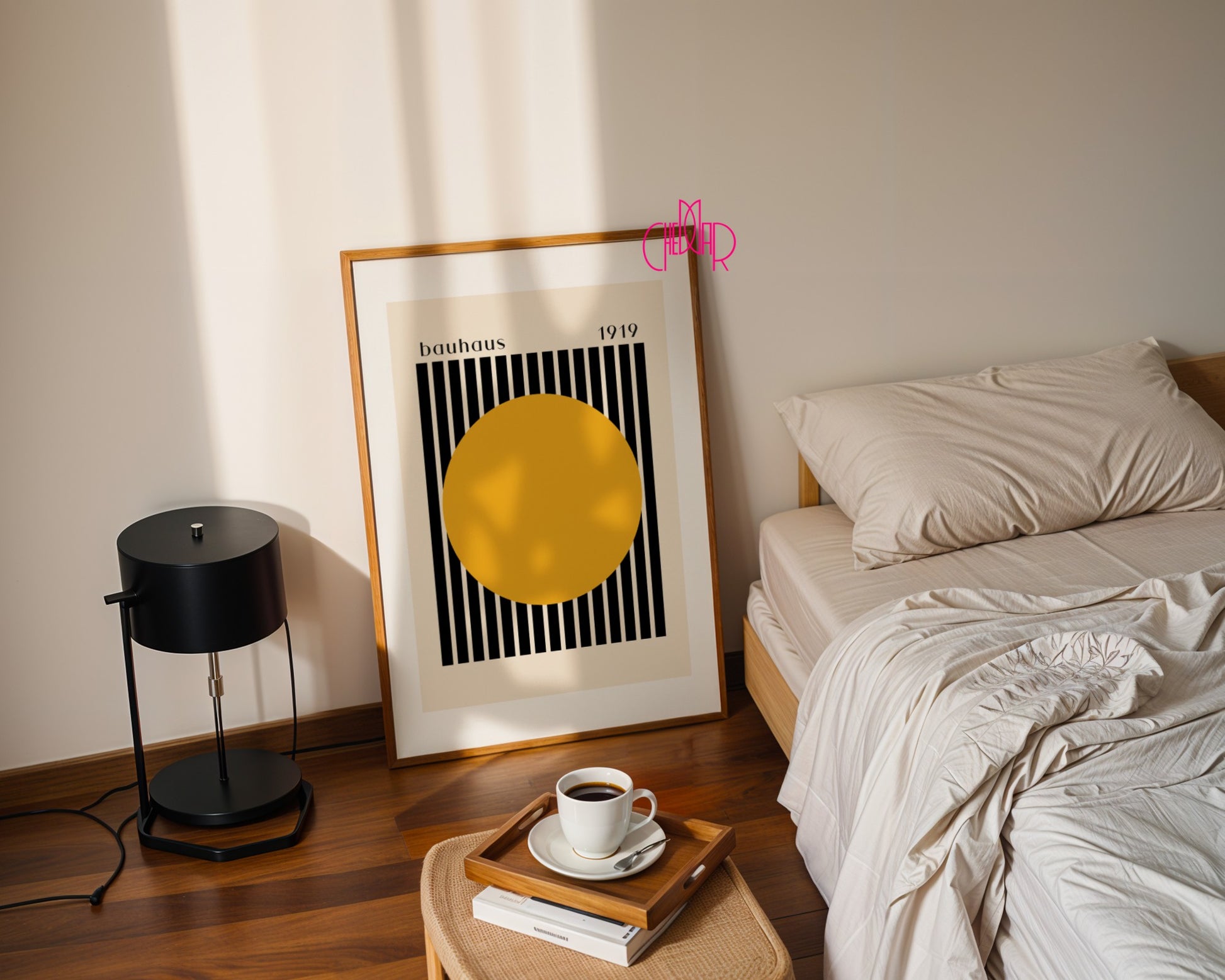 Bauhaus poster orange dot with black and beige stripes 