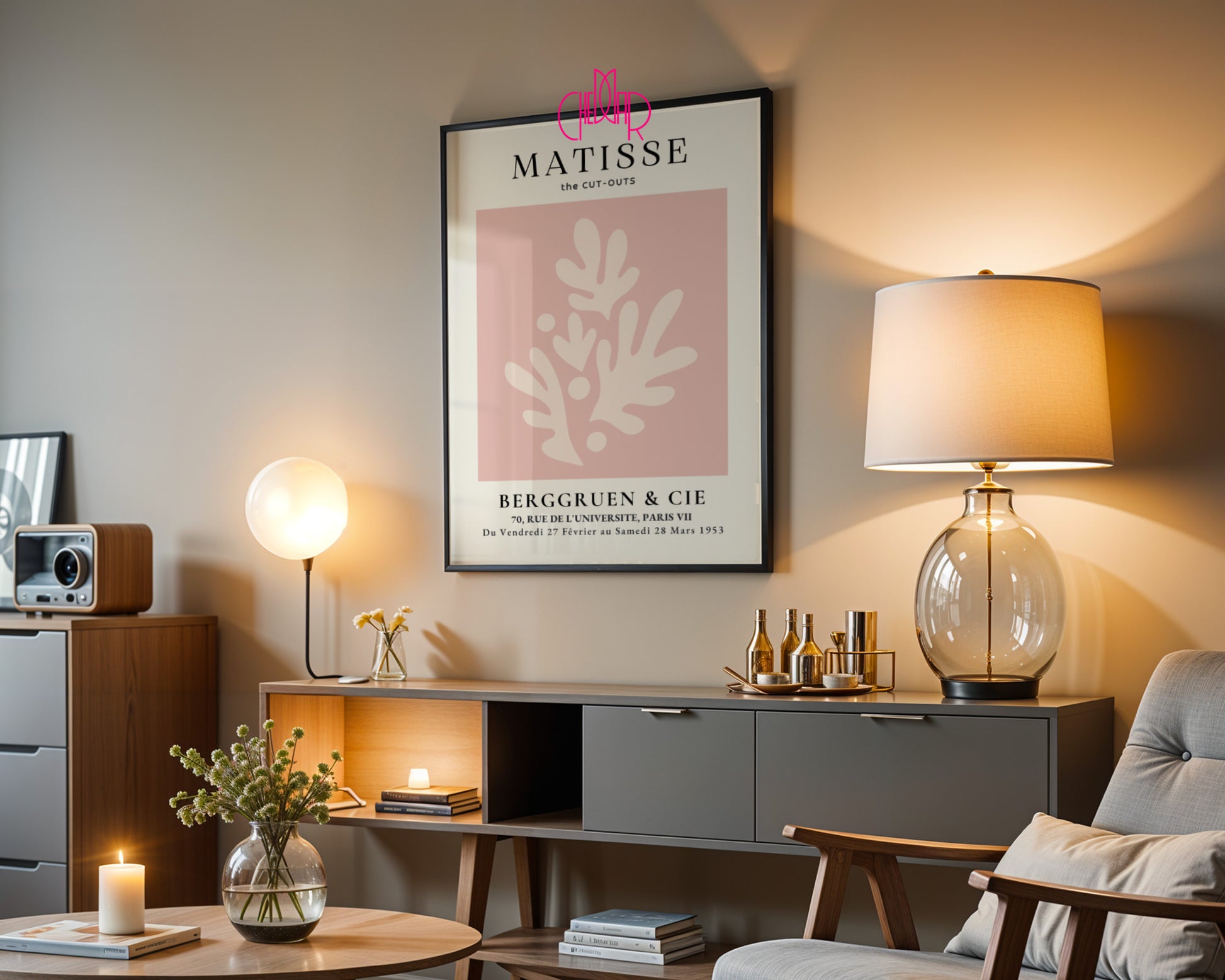 Bauhaus poster red "Eyes of the Prophet" on a navy blue background, modernism