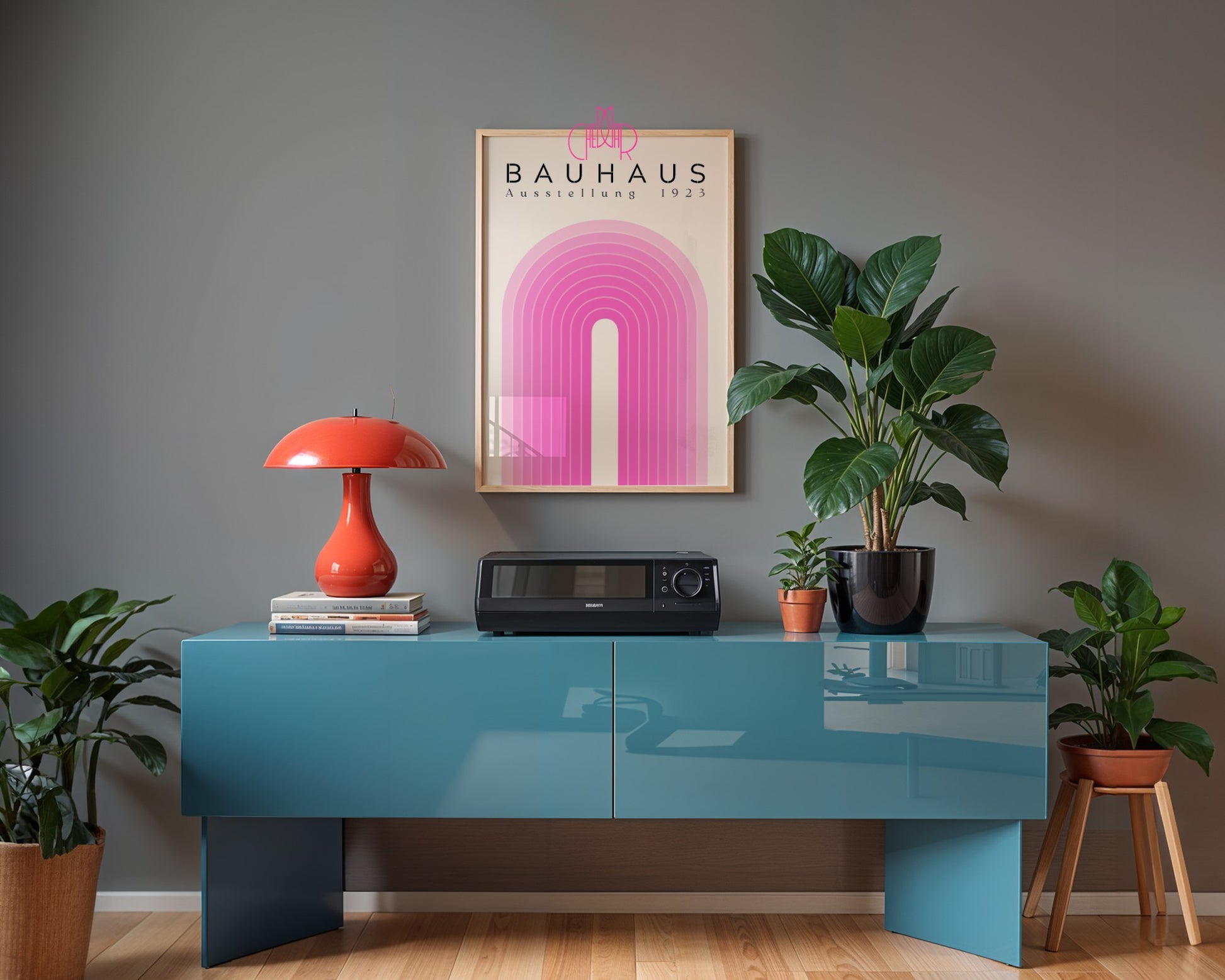 Bauhaus poster – Pink lines on a beige background, exhibition 1923