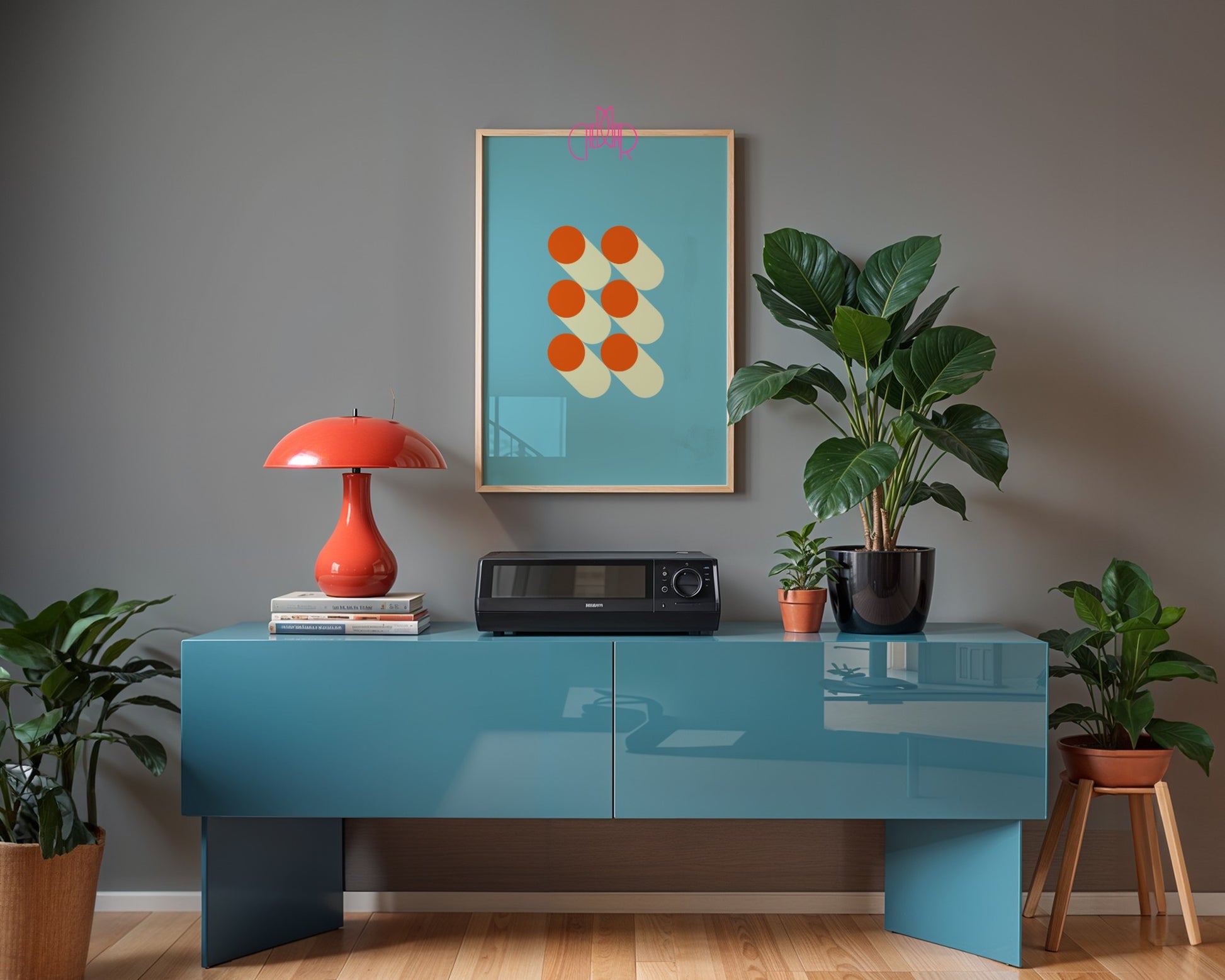 Bauhaus Poster – Orange Dots on a Blue Background
