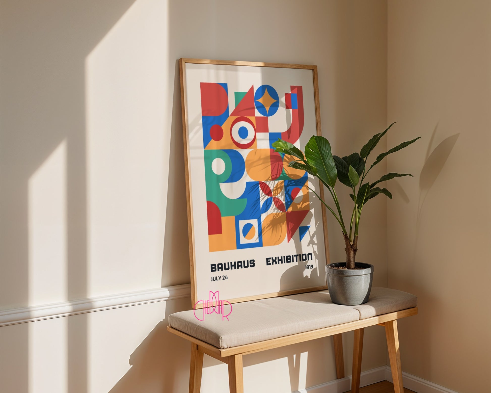 Bauhaus poster – Colorful abstract shapes on a beige background, exhibition 1919