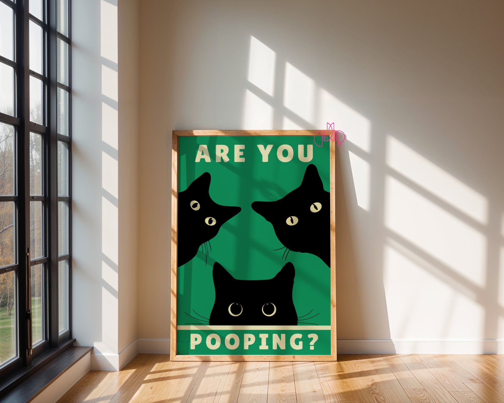 "Are You Pooping?" poster with black cats