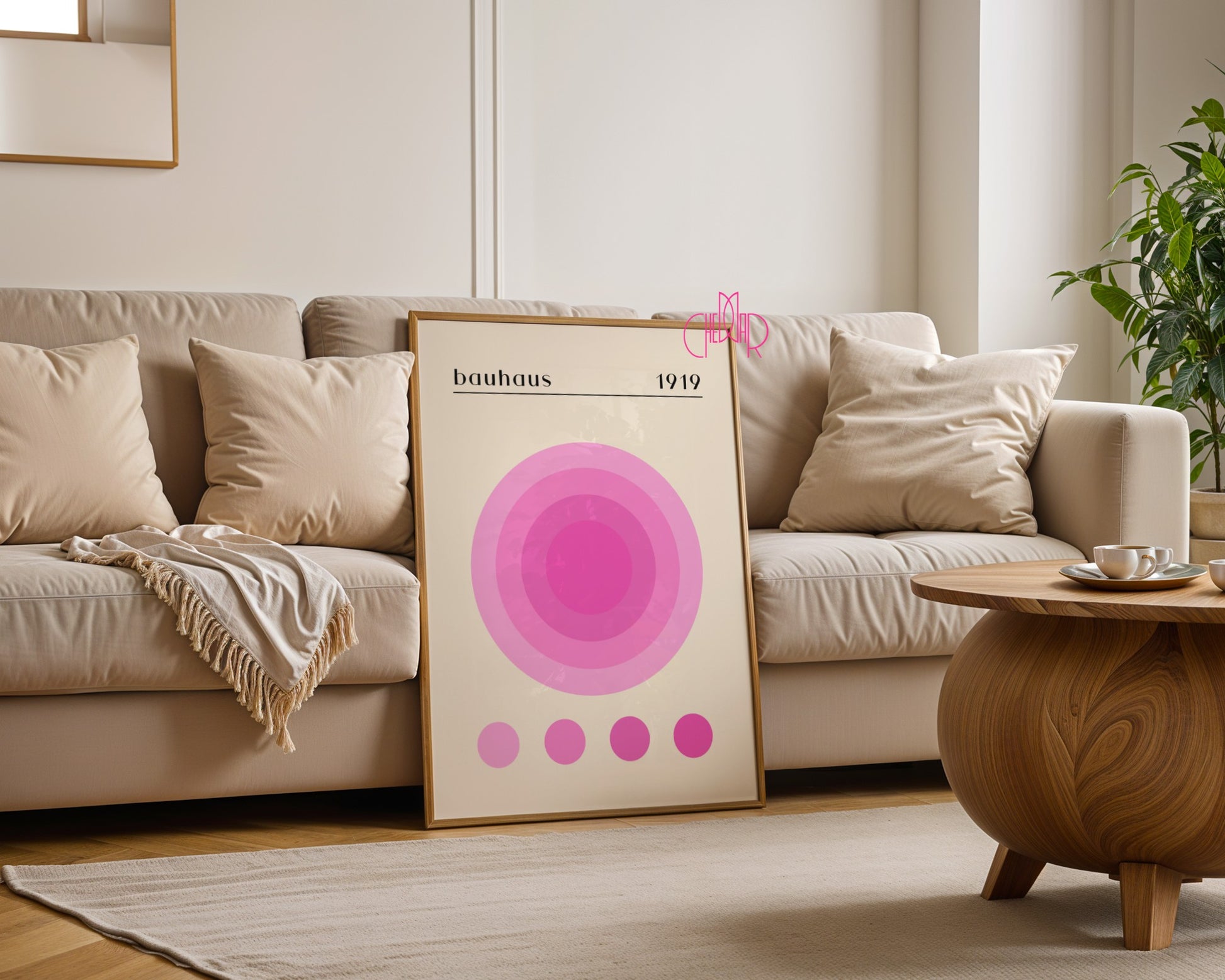 Bauhaus poster pink energy circle on beige background, retro