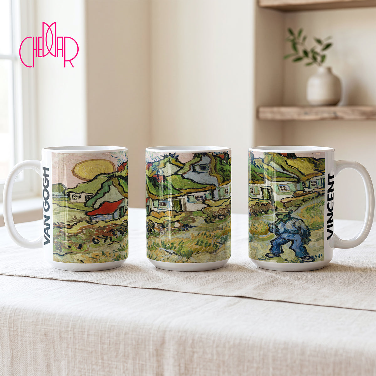 Van Gogh Cottages with Man Walking - Ceramic Art Mug | CheddarArt