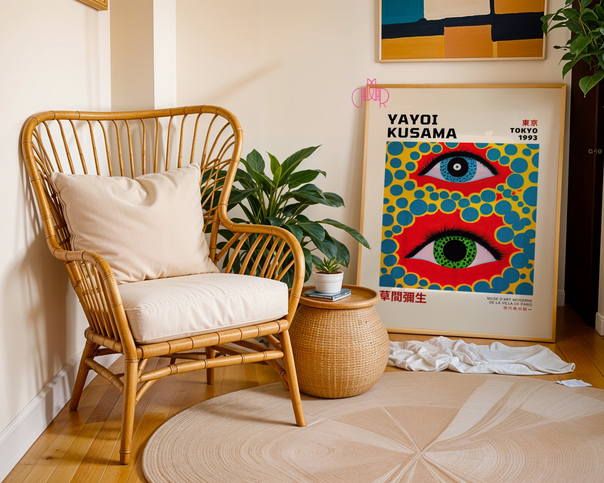 Yayoi Kusama's poster, Colorful Eyes on a Red Background, Tokyo 1993