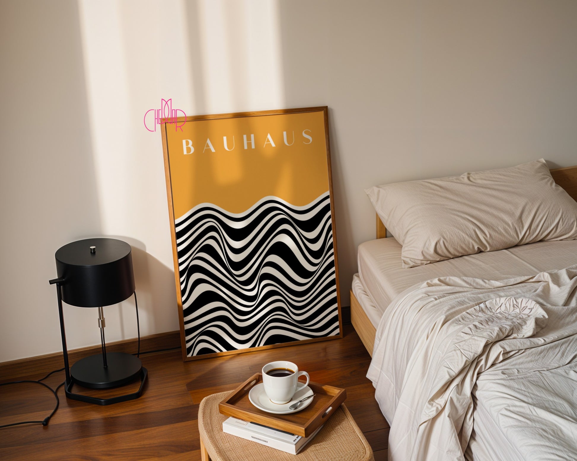 Bauhaus poster - black and white wavy lines on an orange background, vintage, retro