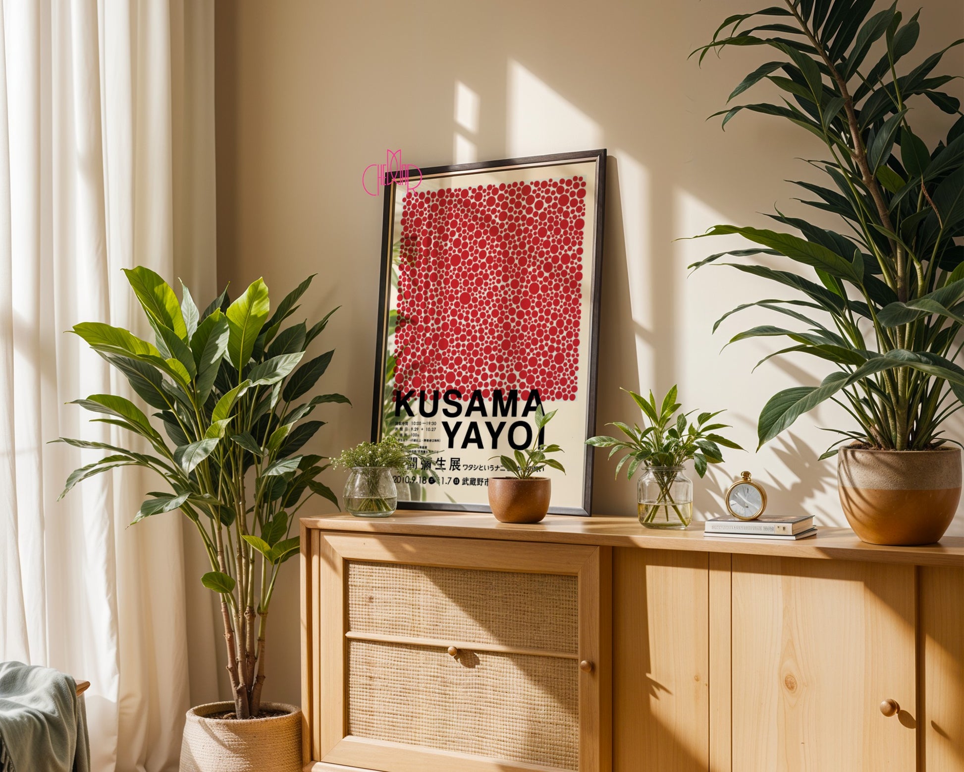 Yayoi Kusama poster, Red Polka Dots, beige background