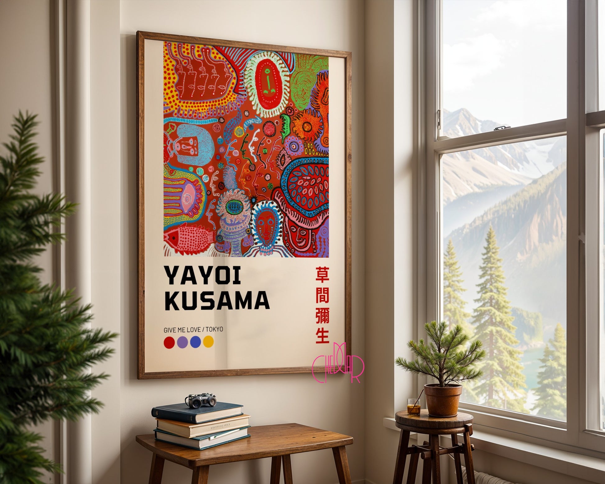 Yayoi Kusama's Give me love Tokyo poster, colorful shapes, geometry