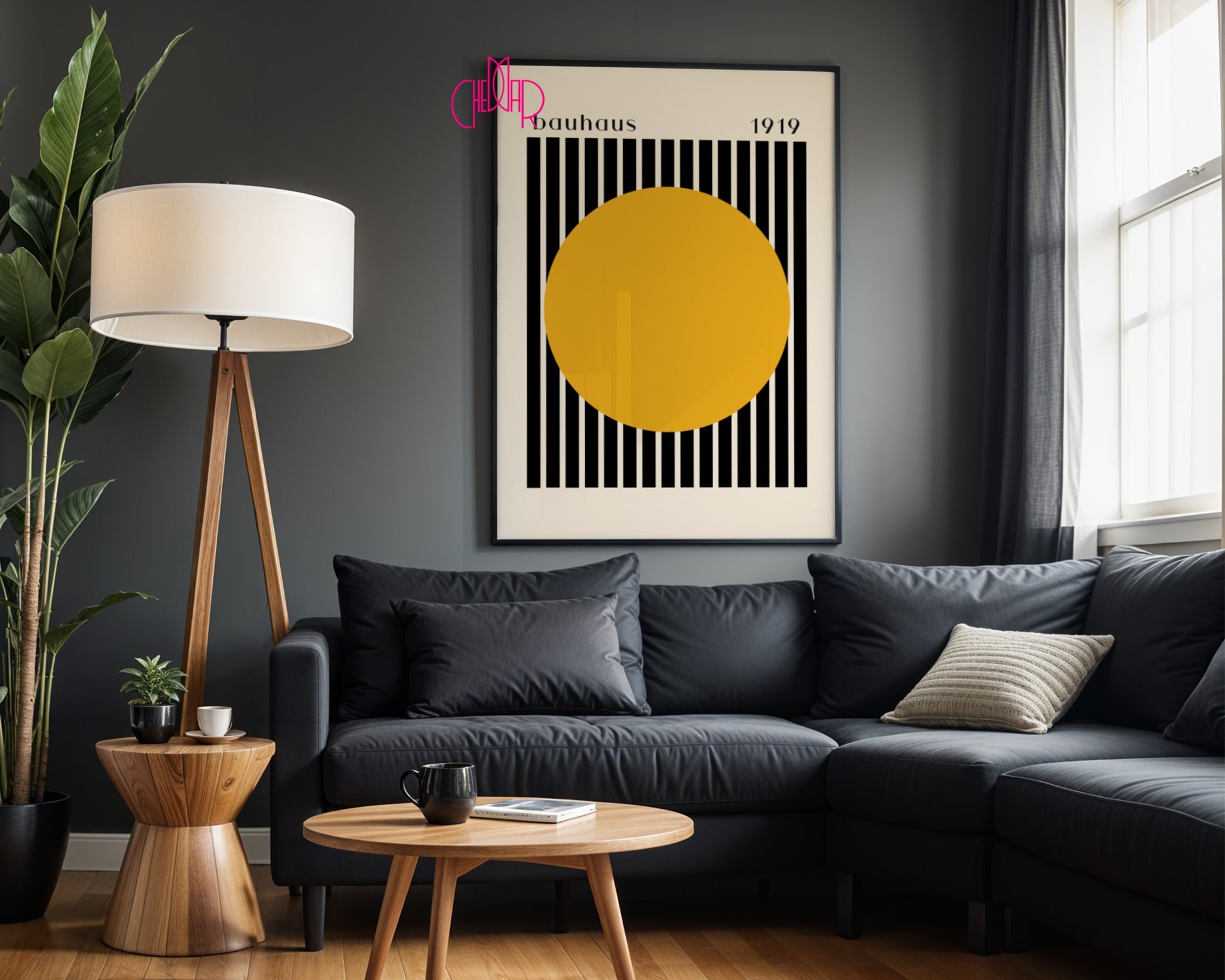 Bauhaus poster orange dot with black and beige stripes 