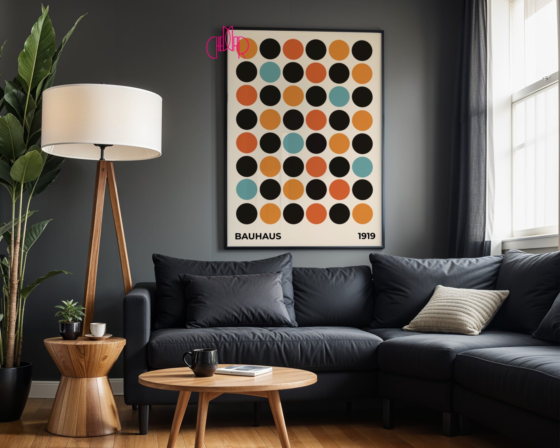 Bauhaus poster, 1919 exhibition, colorful dots on a beige background