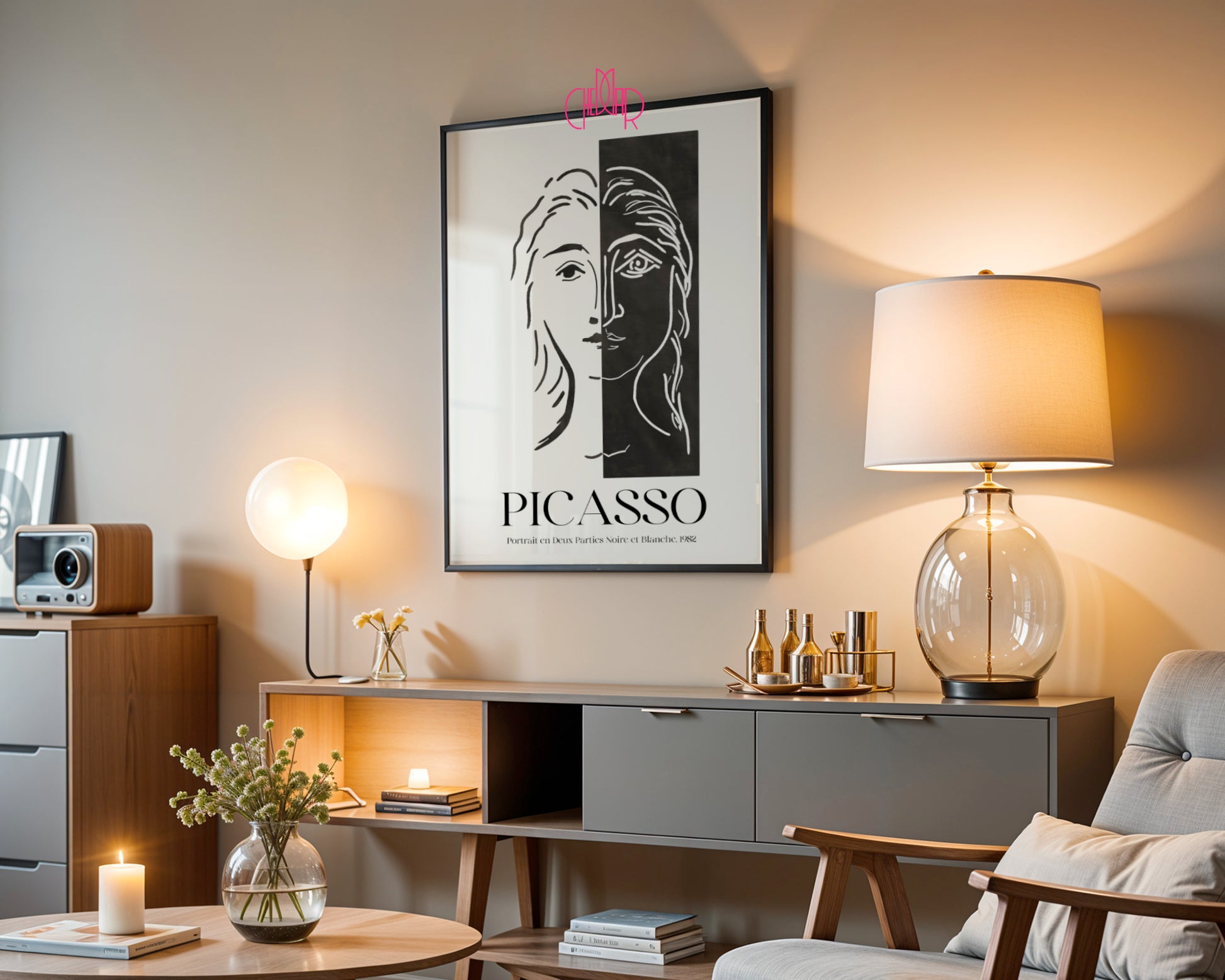 Picasso – Portrait en Deux Parties Noire et Blanche (1982) | Line Art Gallery Poster