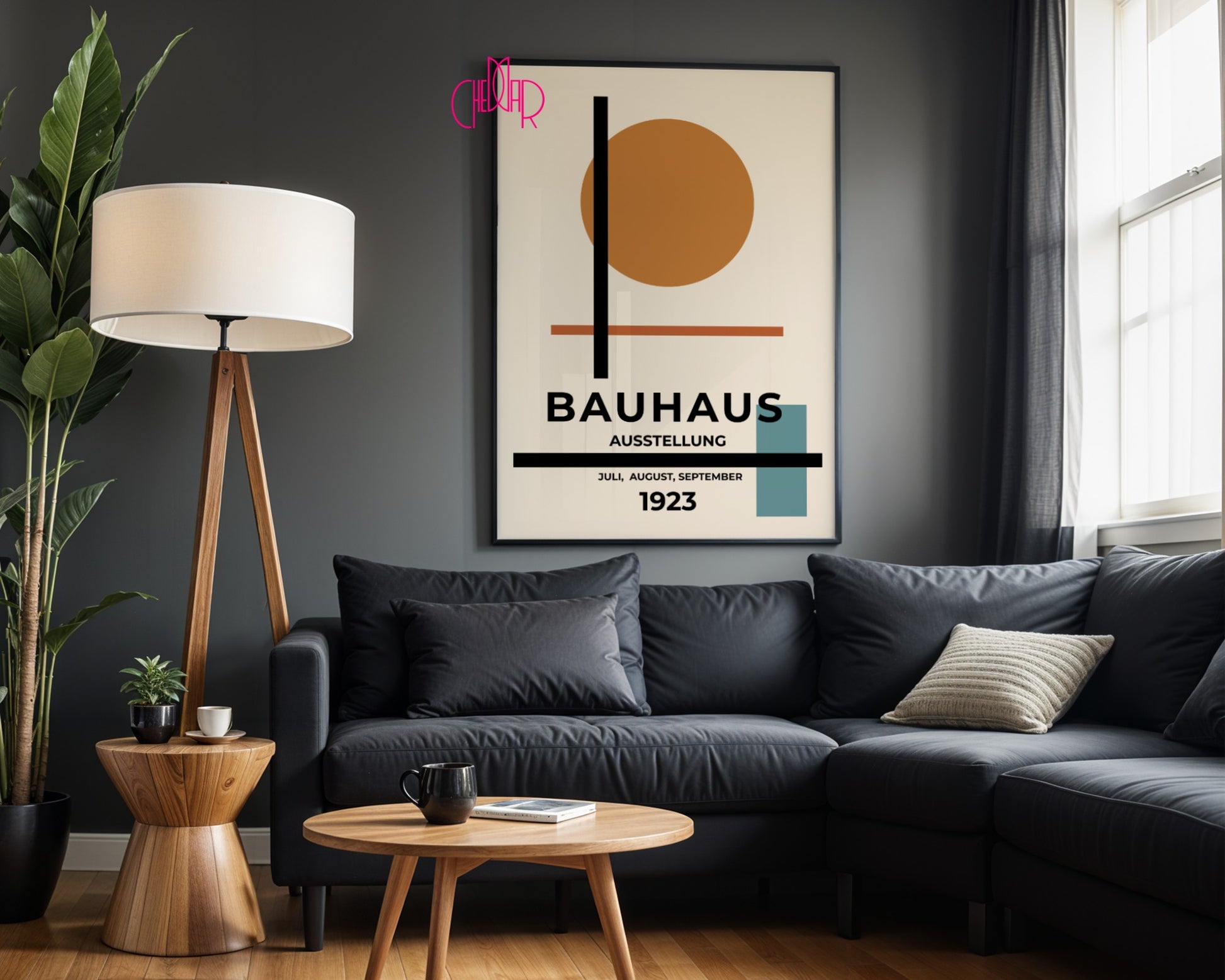 Bauhaus poster orange dot on beige background, modernism