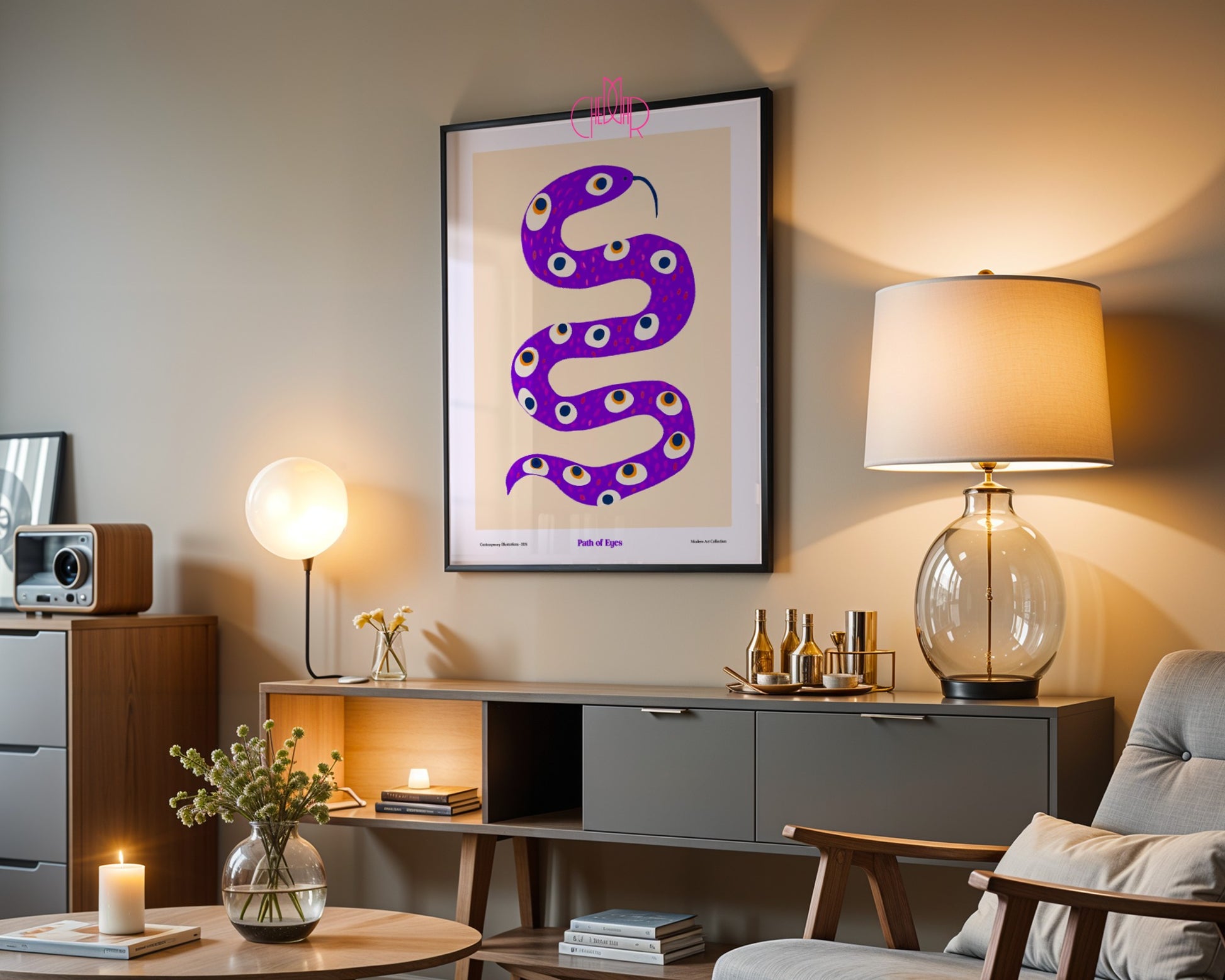 Path of Eyes poster, Snake with eyes, modernism, contemporary art