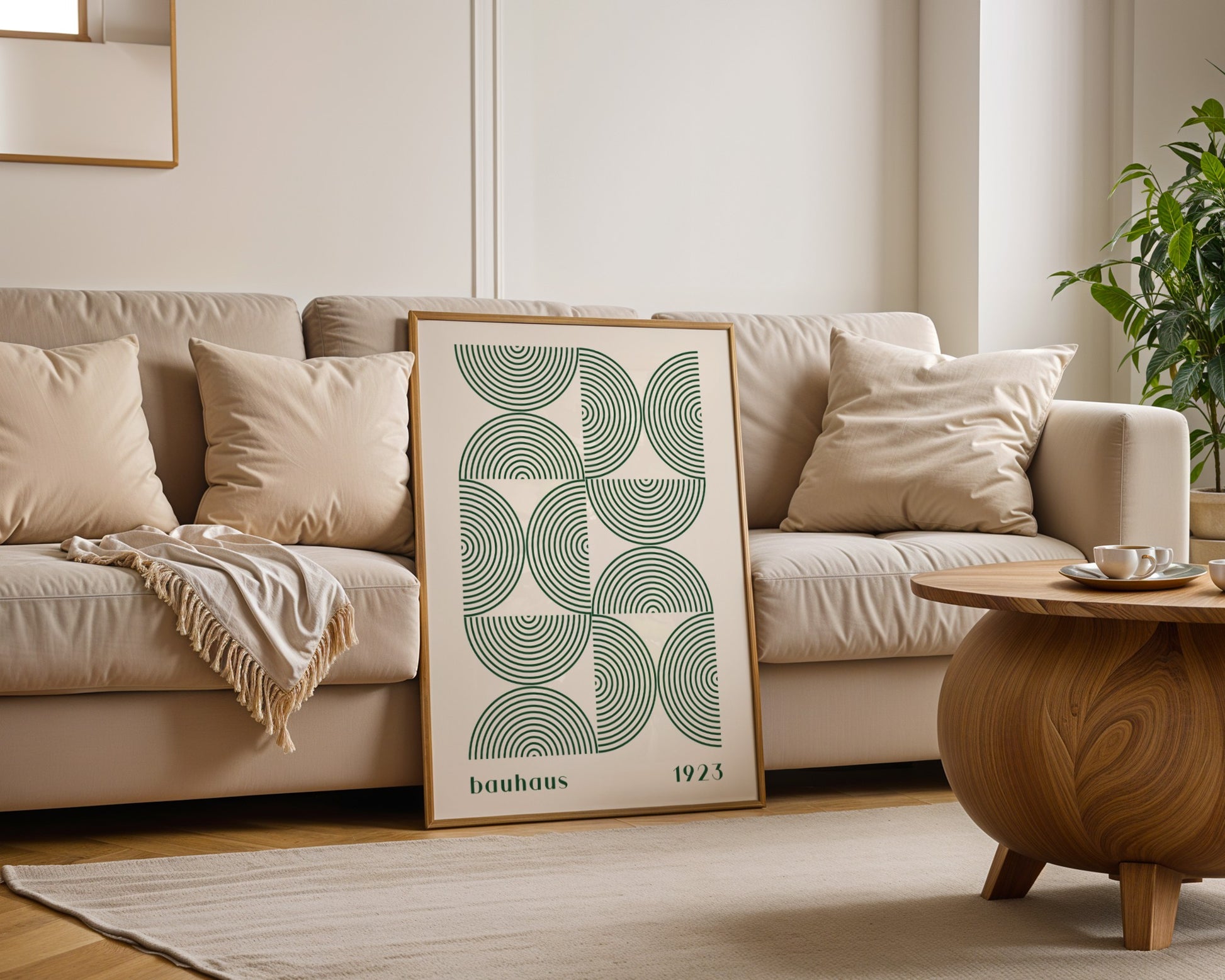 Bauhaus Poster – Green Semicircles on a Beige Background