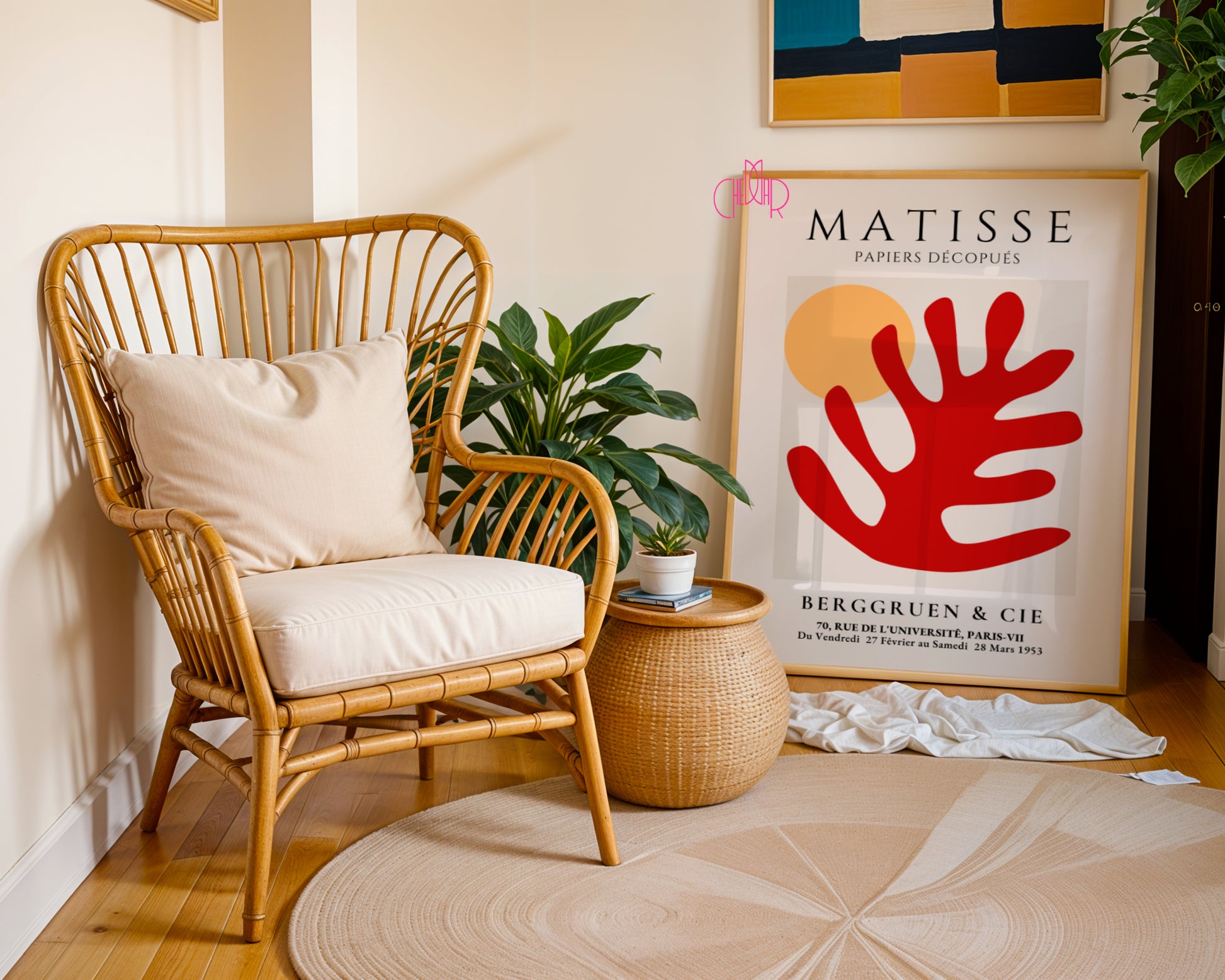 Bauhaus poster red "Eyes of the Prophet" on a navy blue background, modernism