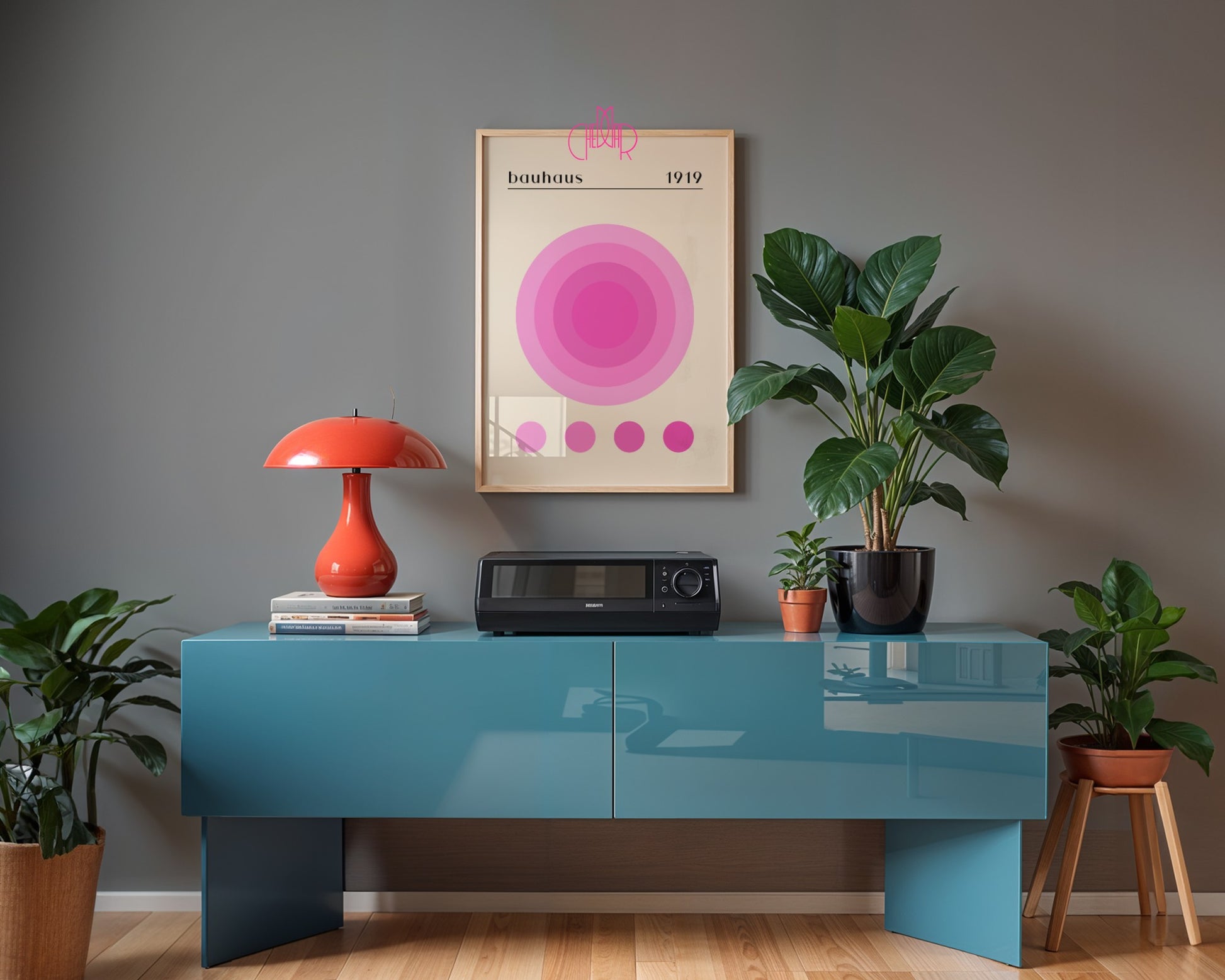 Bauhaus poster pink energy circle on beige background, retro