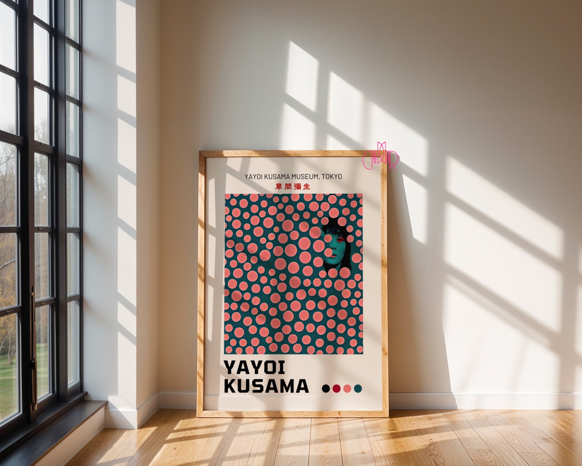 Yayoi Kusama poster, modernism, pink dots on green background, Tokyo
