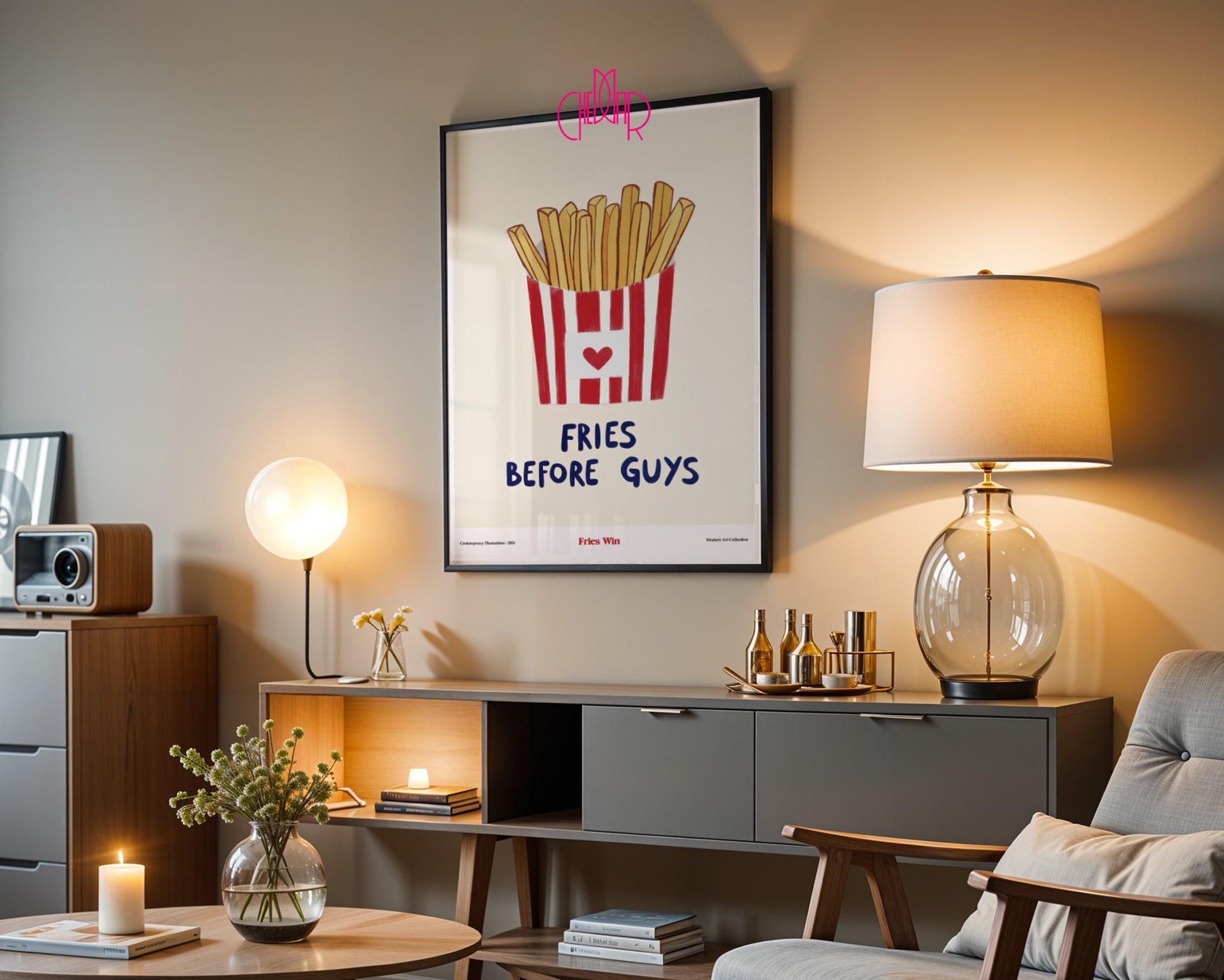 Fries Before Guys poster - Fries Win, contemporary art, modernism