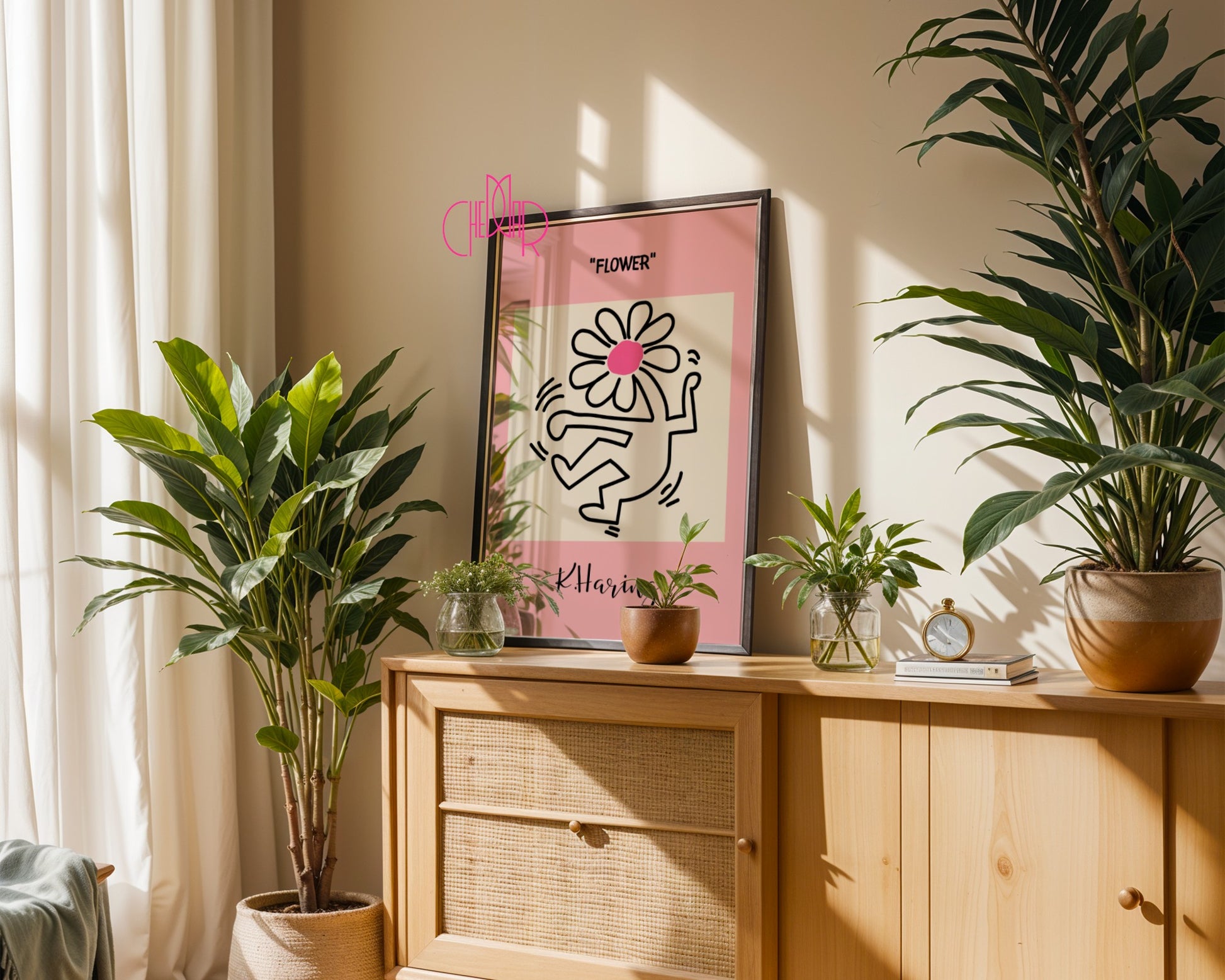 Keith Haring Flower poster, dancing flower, street art, pop art 