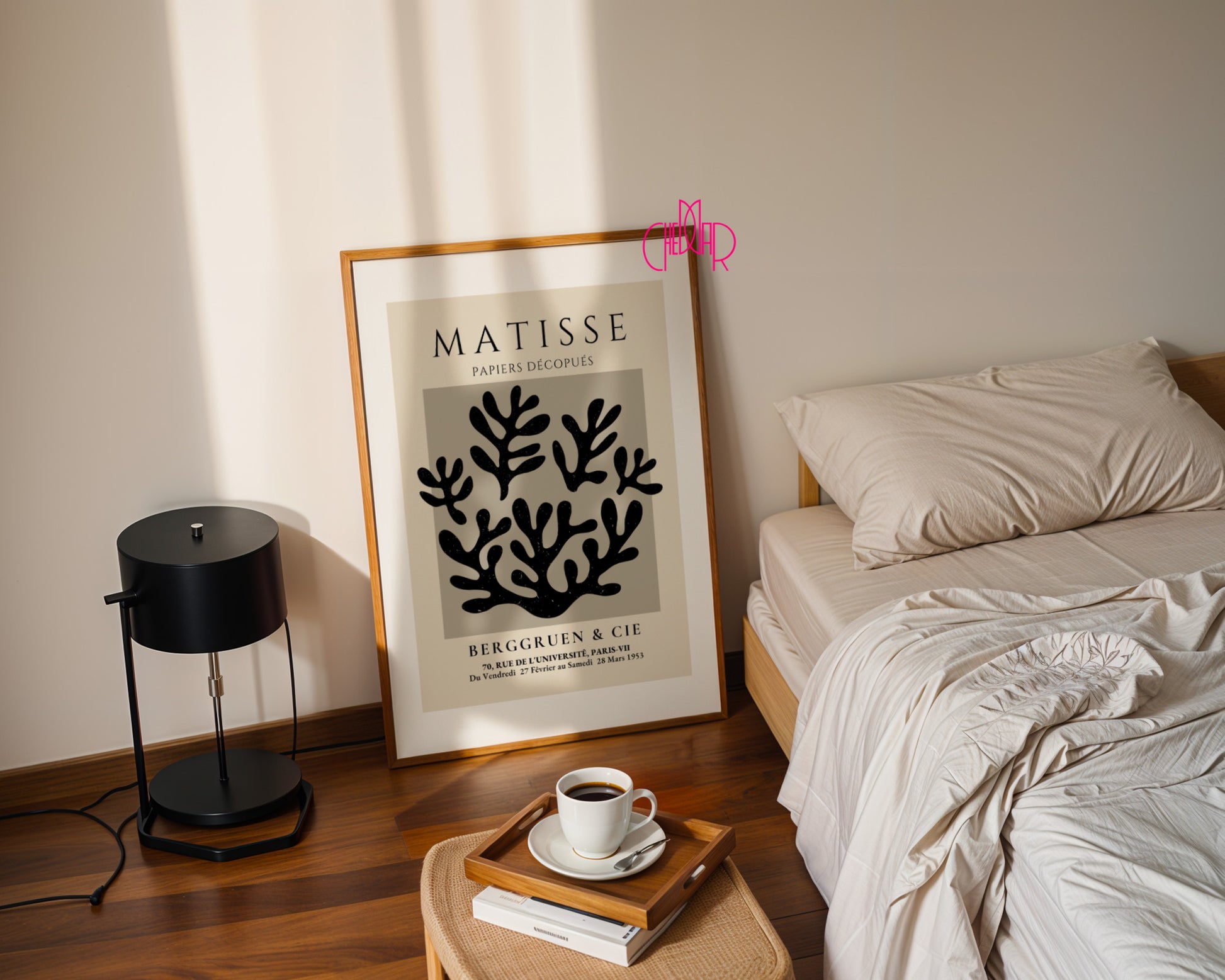 Bauhaus poster red "Eyes of the Prophet" on a navy blue background, modernism