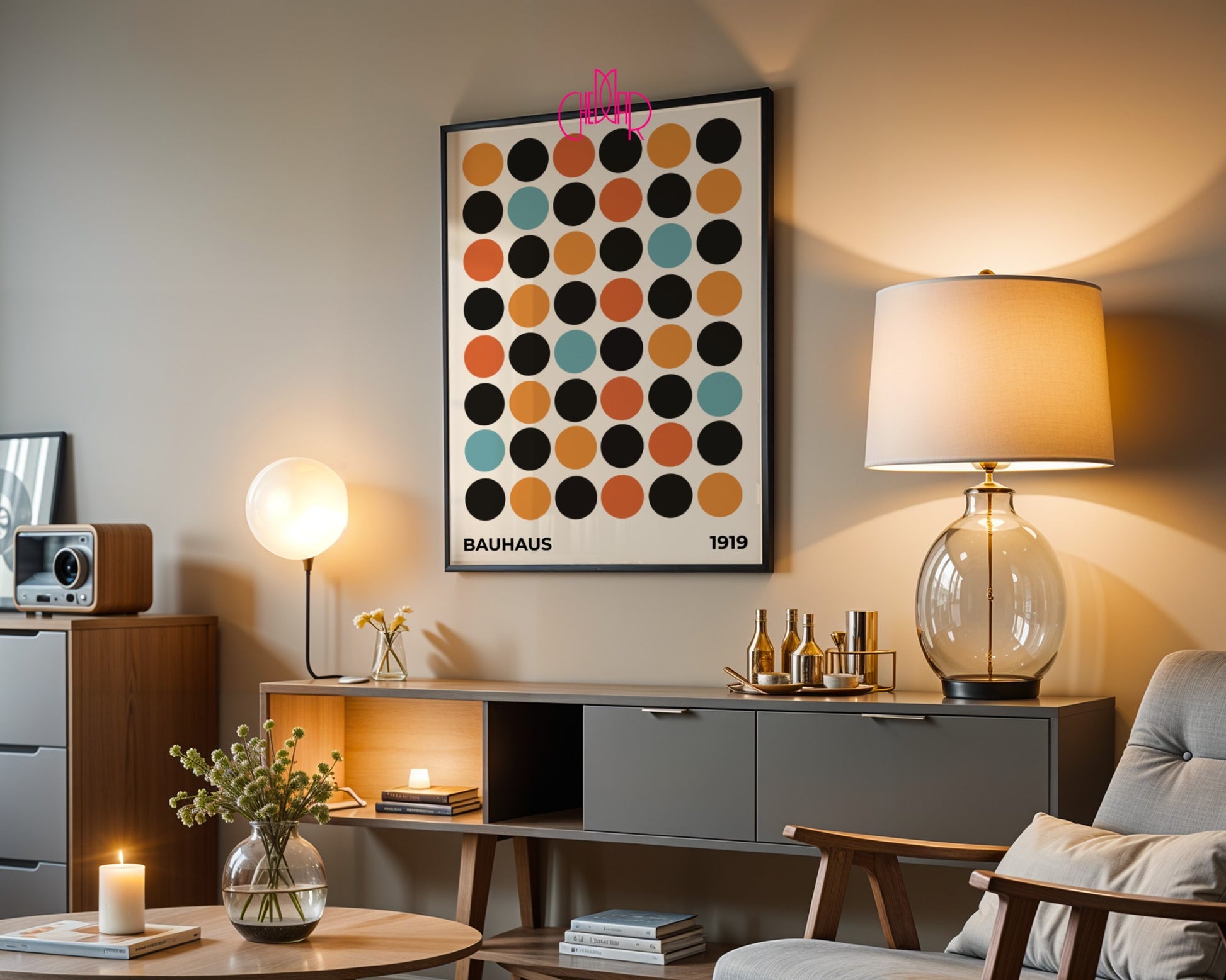 Bauhaus poster, 1919 exhibition, colorful dots on a beige background