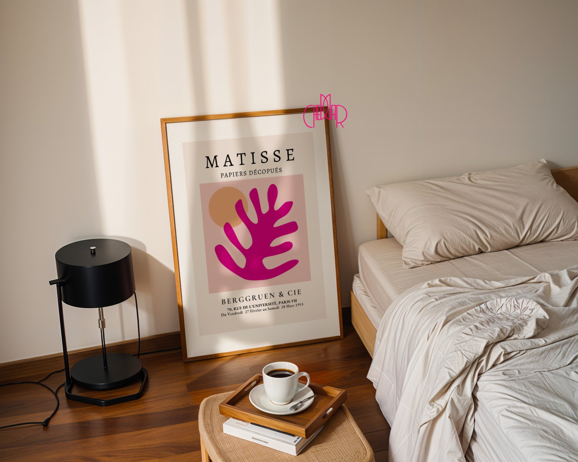 Bauhaus poster red "Eyes of the Prophet" on a navy blue background, modernism