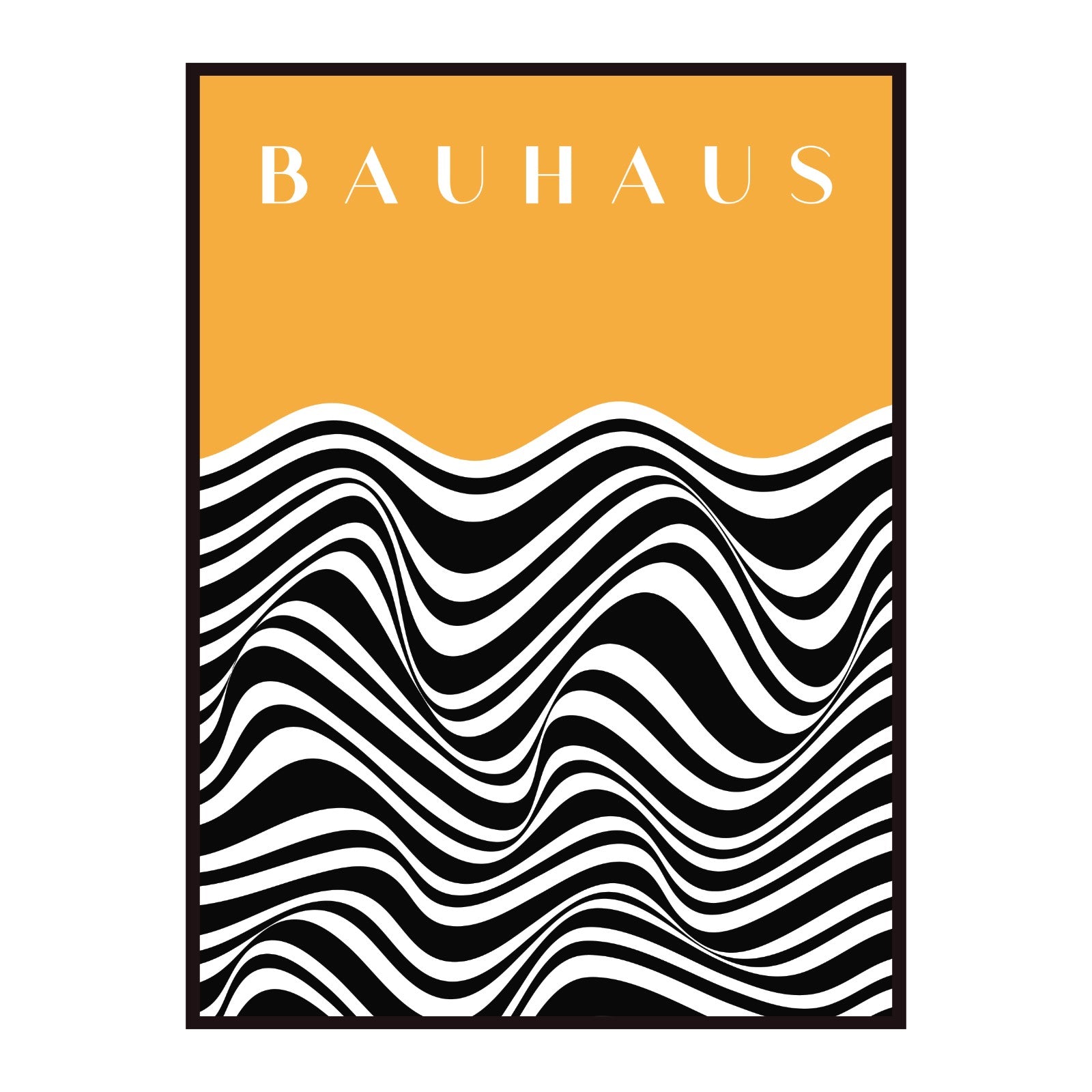Bauhaus poster - black and white wavy lines on an orange background, vintage, retro