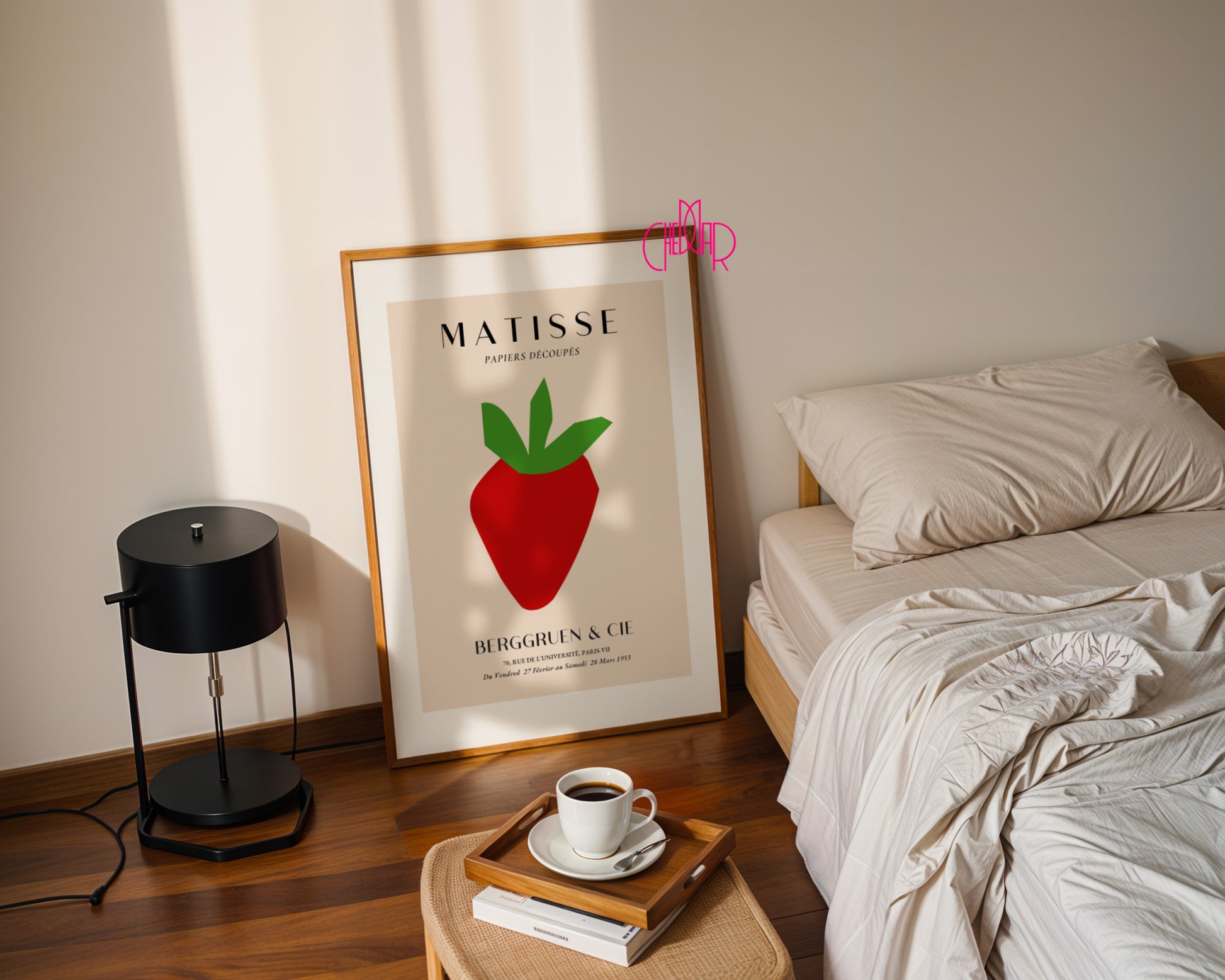 Bauhaus poster red "Eyes of the Prophet" on a navy blue background, modernism