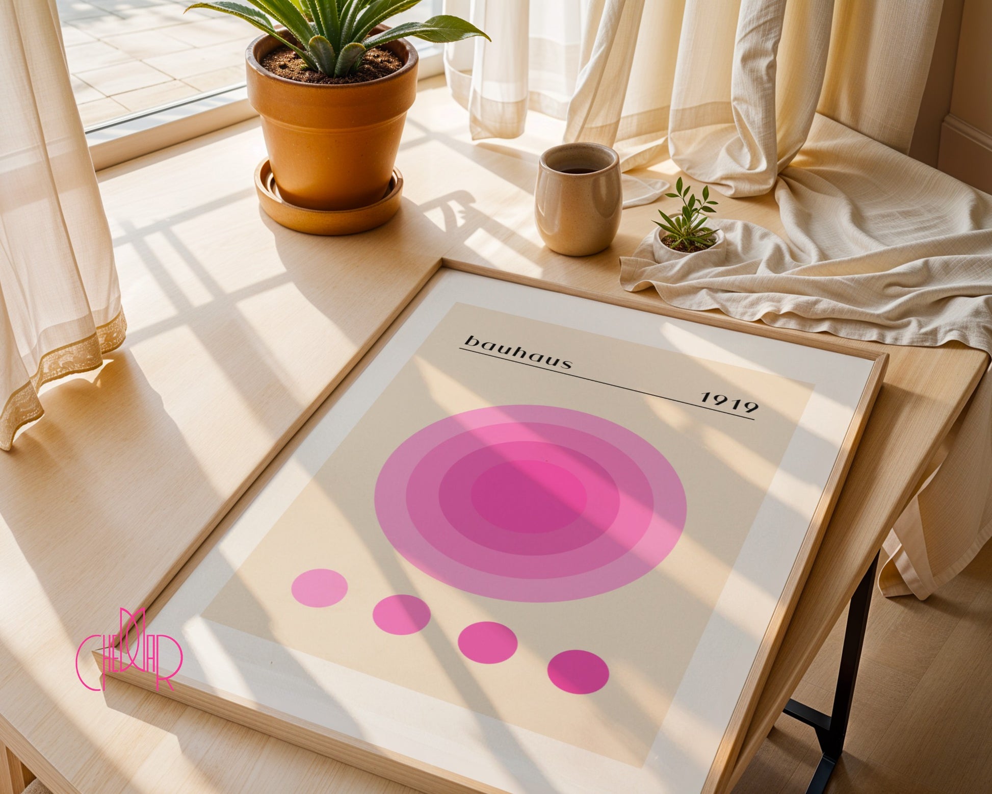 Bauhaus poster pink energy circle on beige background, retro