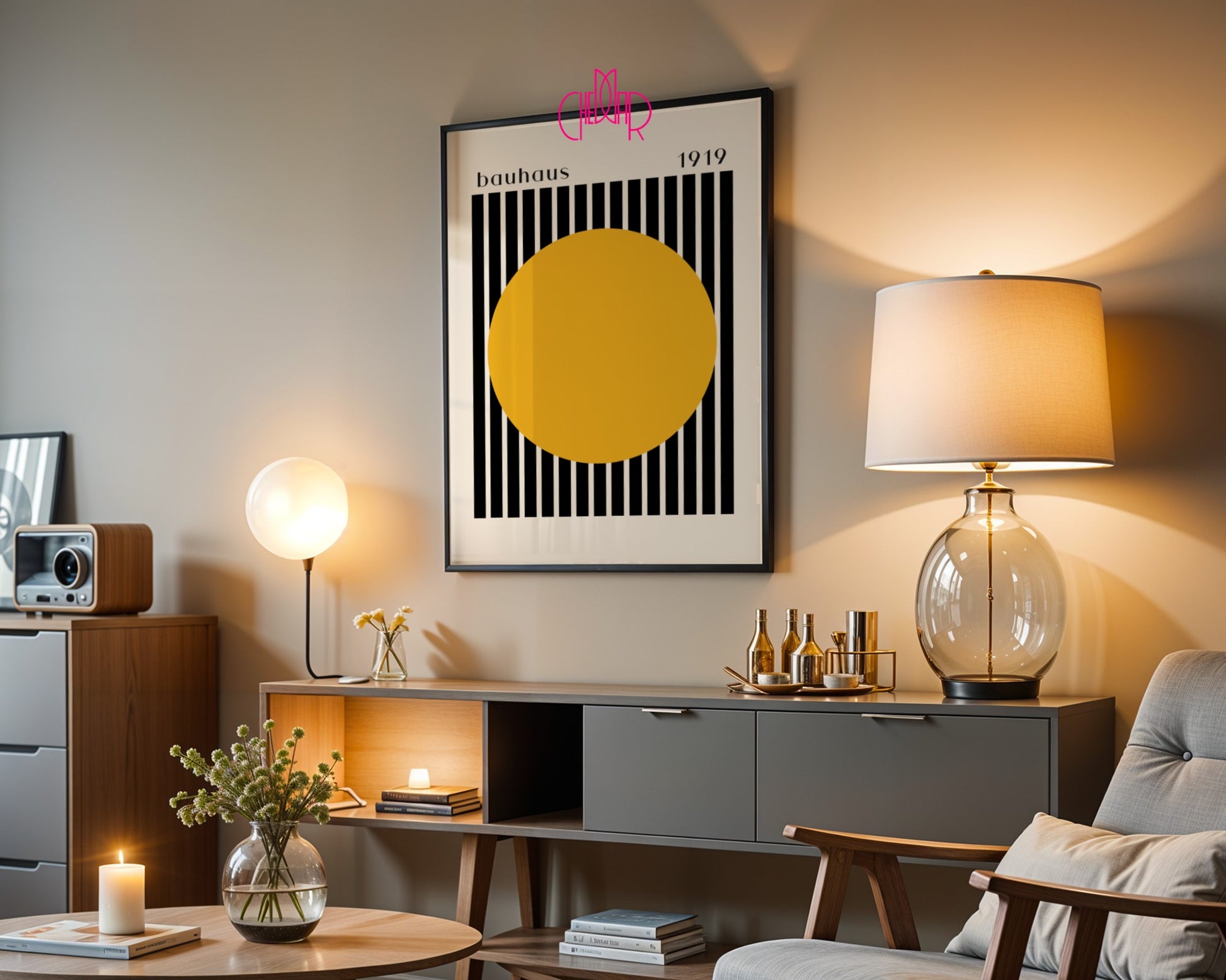 Bauhaus poster orange dot with black and beige stripes 