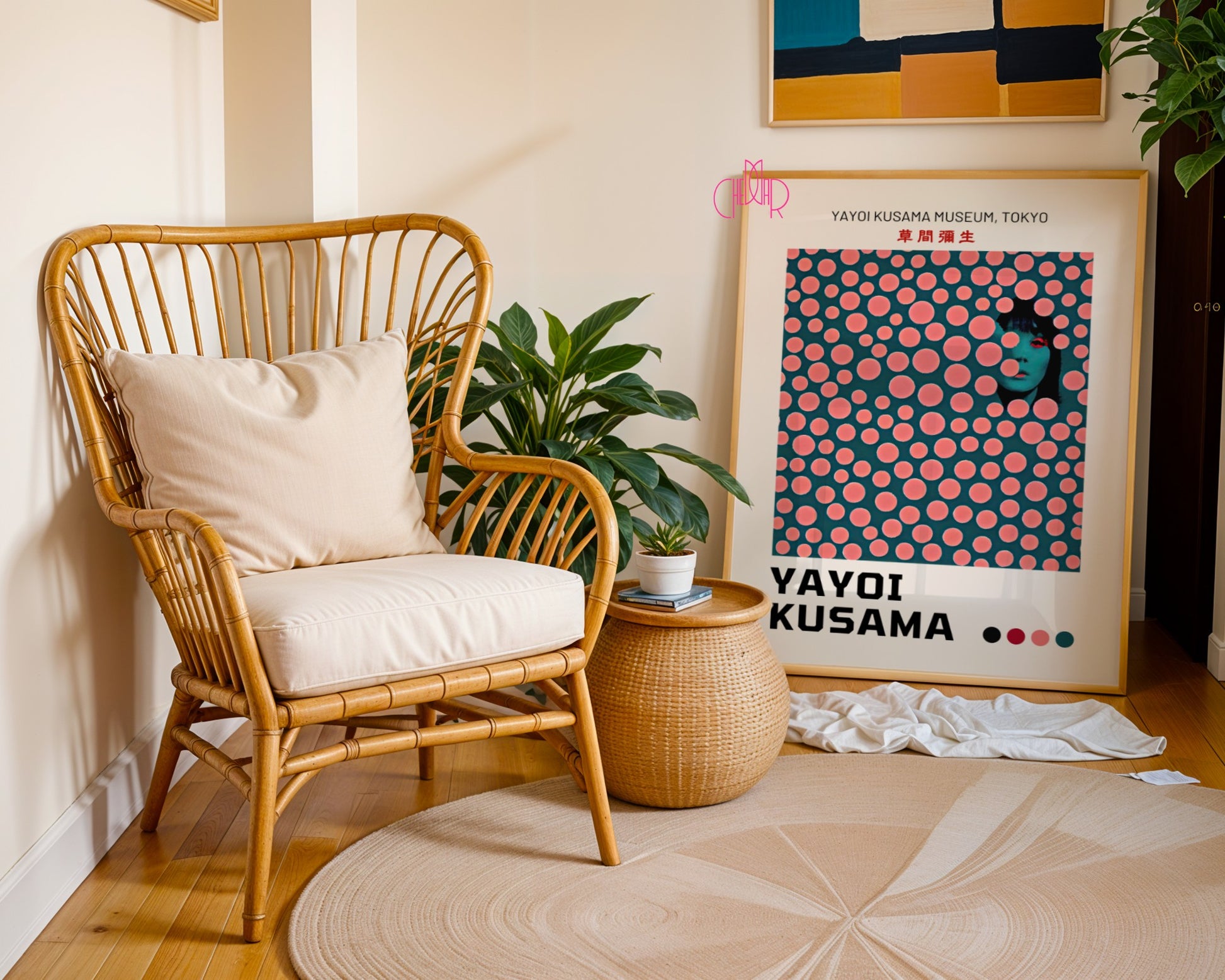 Yayoi Kusama poster, modernism, pink dots on green background, Tokyo