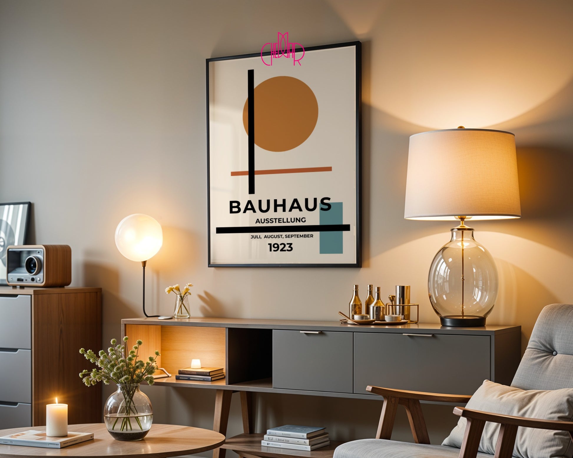 Bauhaus poster orange dot on beige background, modernism