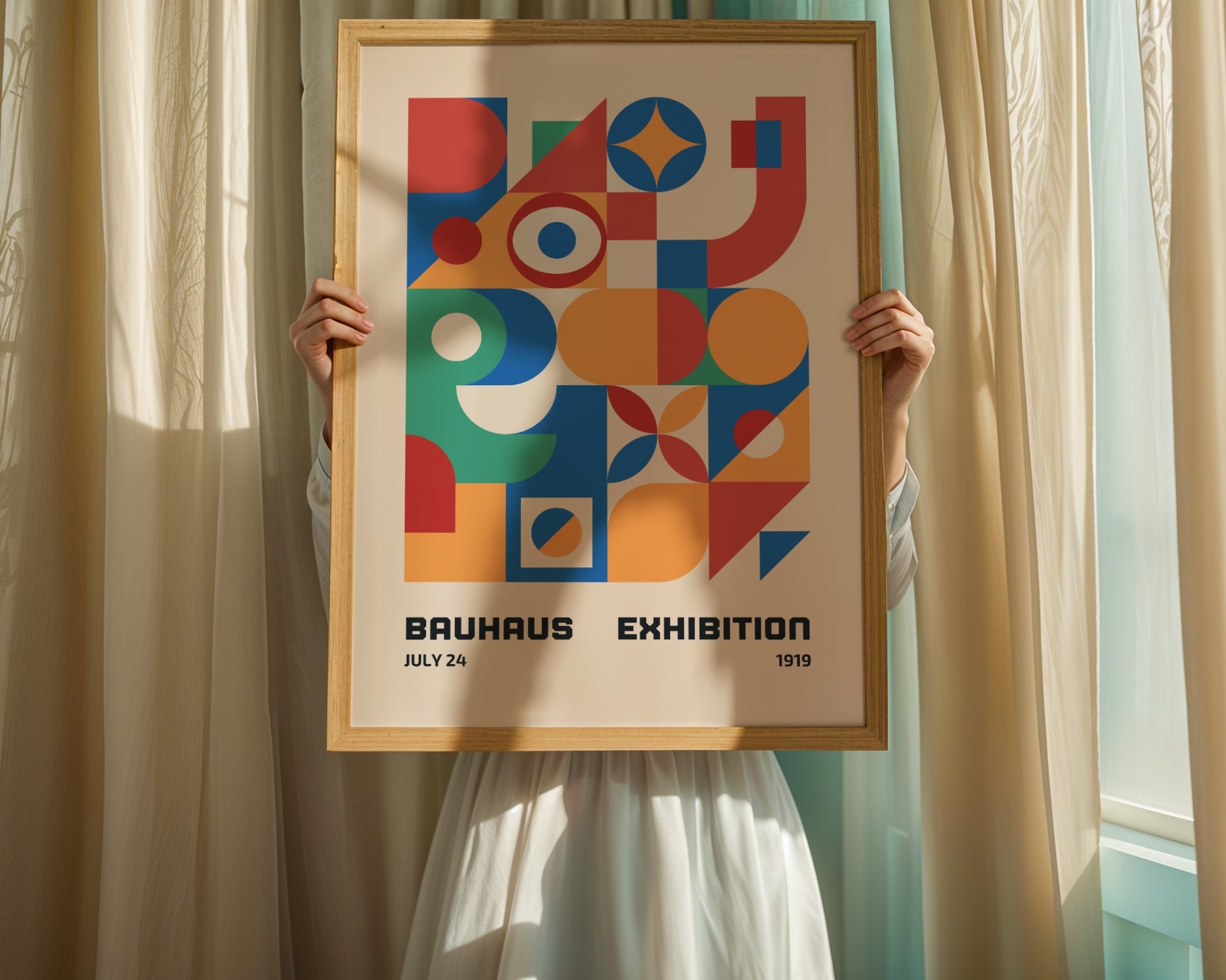 Bauhaus poster – Colorful abstract shapes on a beige background, exhibition 1919