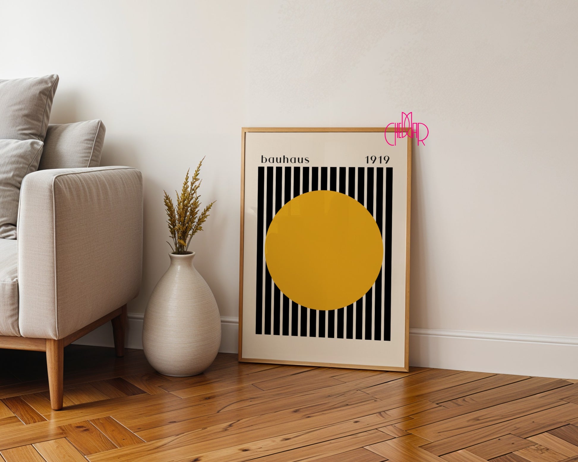 Bauhaus poster orange dot with black and beige stripes 