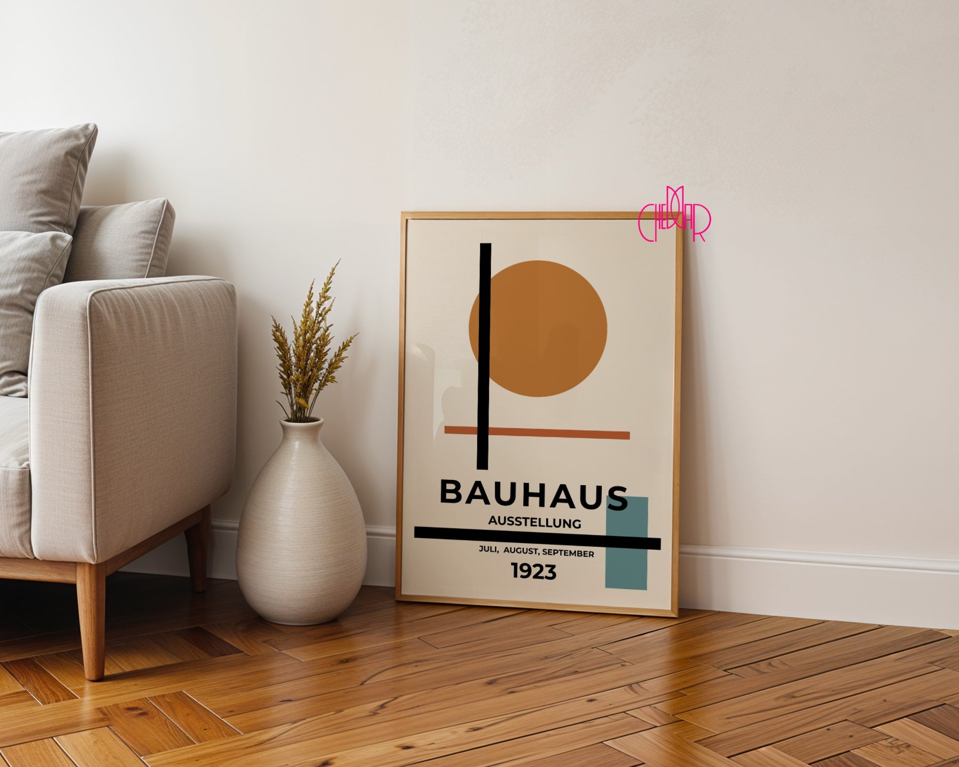 Bauhaus poster orange dot on beige background, modernism