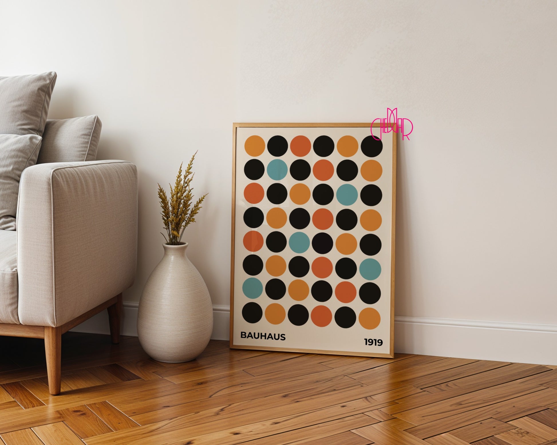 Bauhaus poster, 1919 exhibition, colorful dots on a beige background